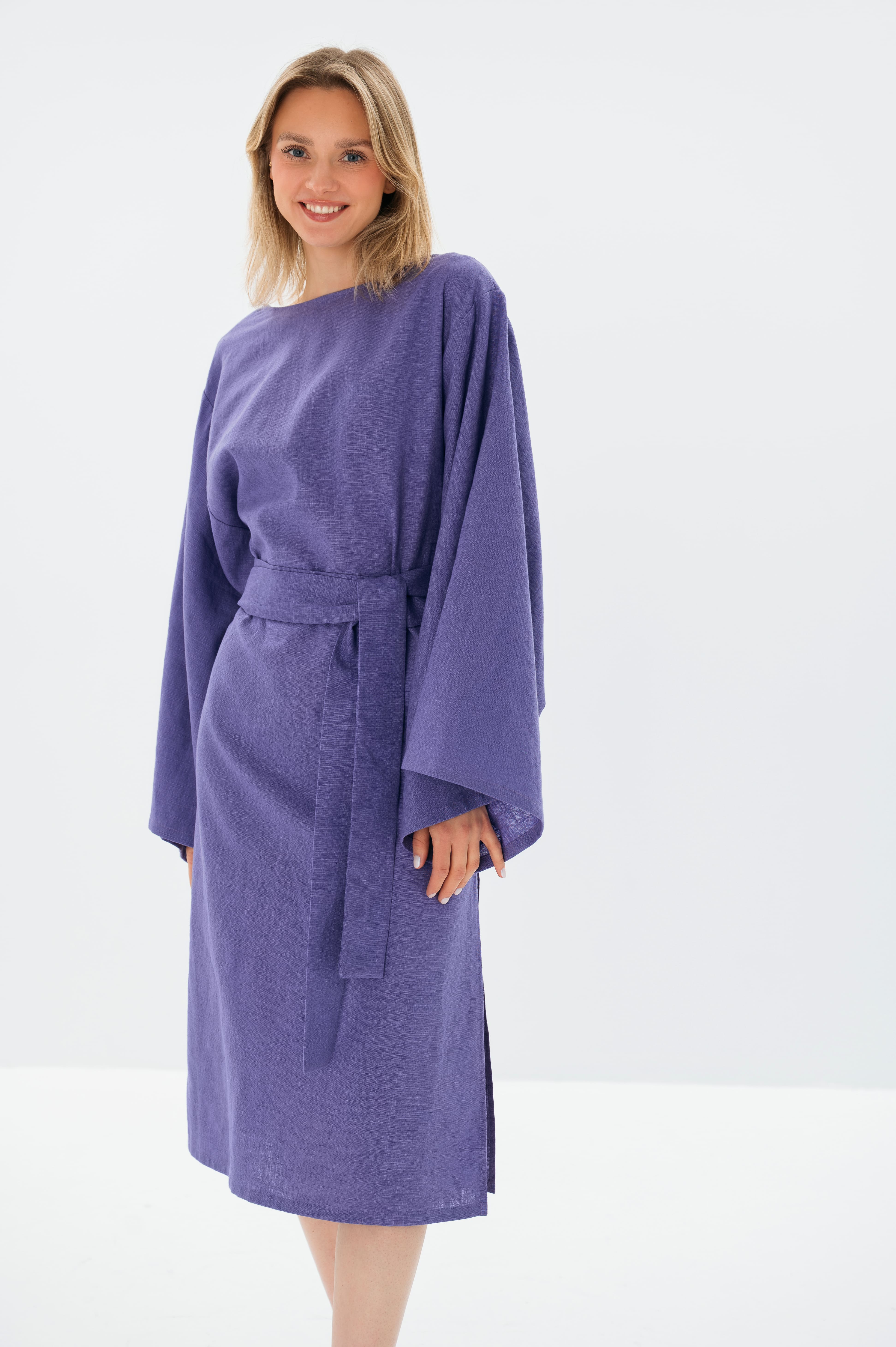 WHISPER — Stonewashed Linen Kimono-Sleeve Midi Dress