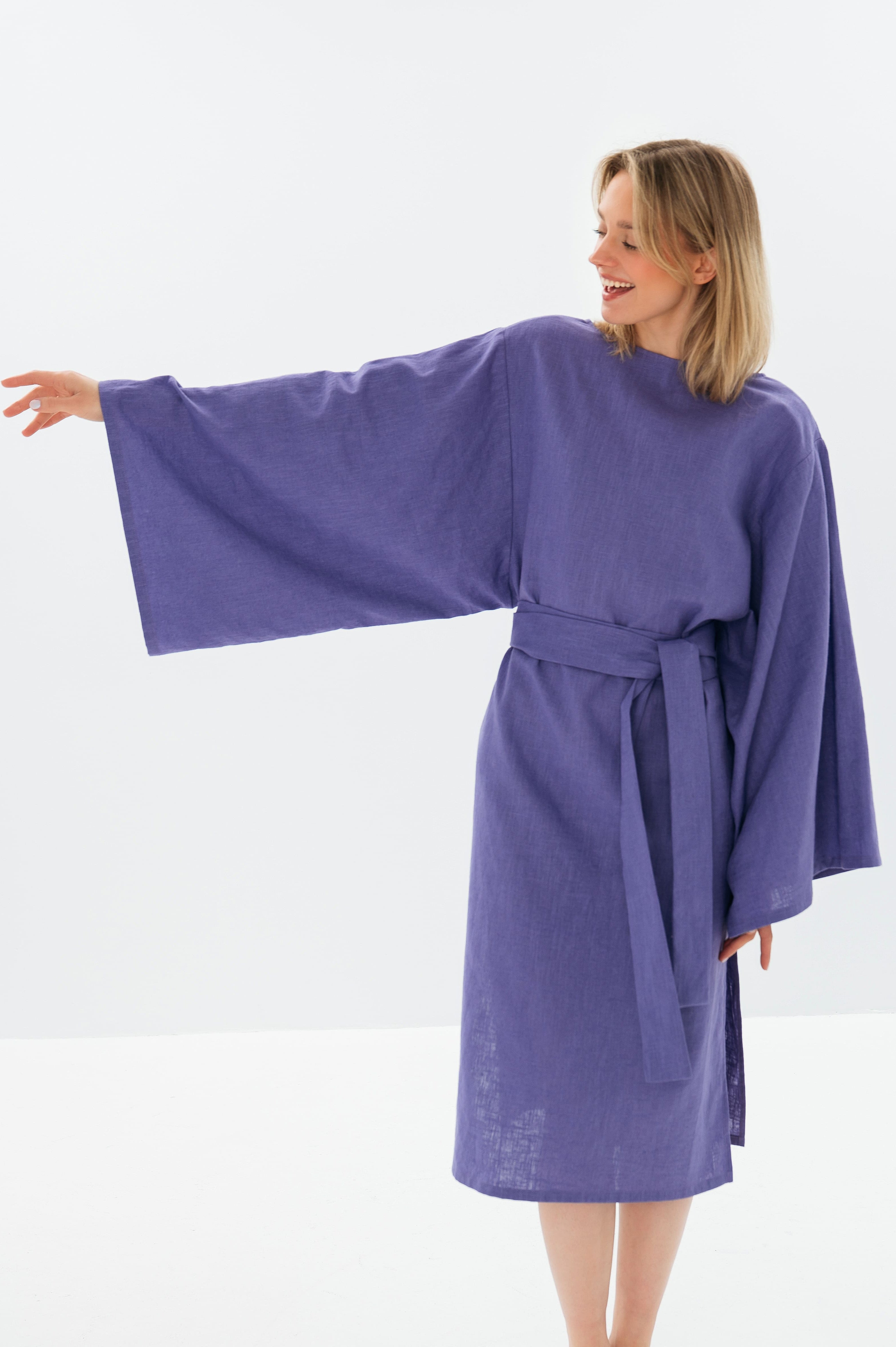 WHISPER — Stonewashed Linen Kimono-Sleeve Midi Dress
