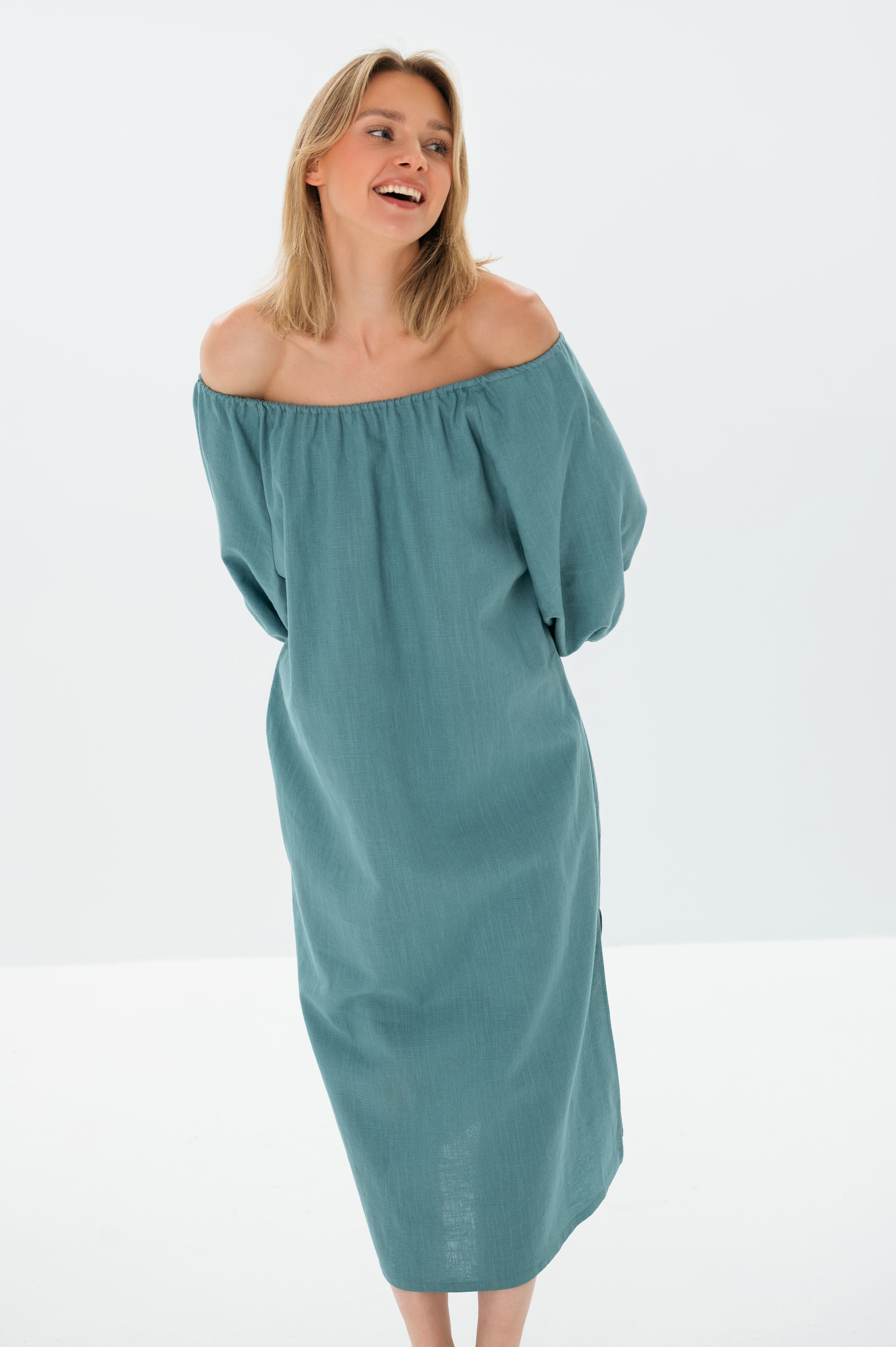 MOON — Off-Shoulder Stonewashed Linen Midi Dress