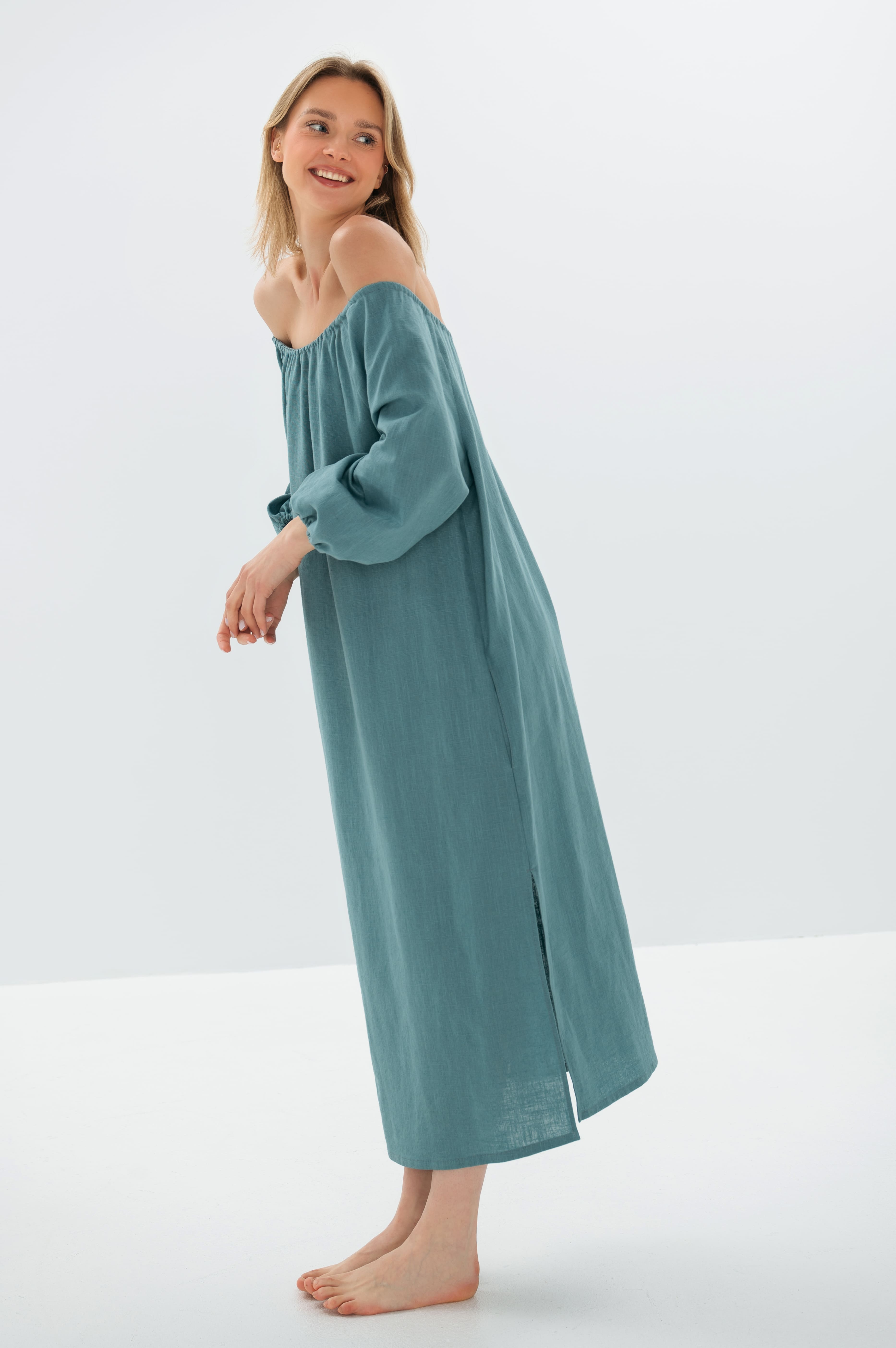 MOON — Off-Shoulder Stonewashed Linen Midi Dress