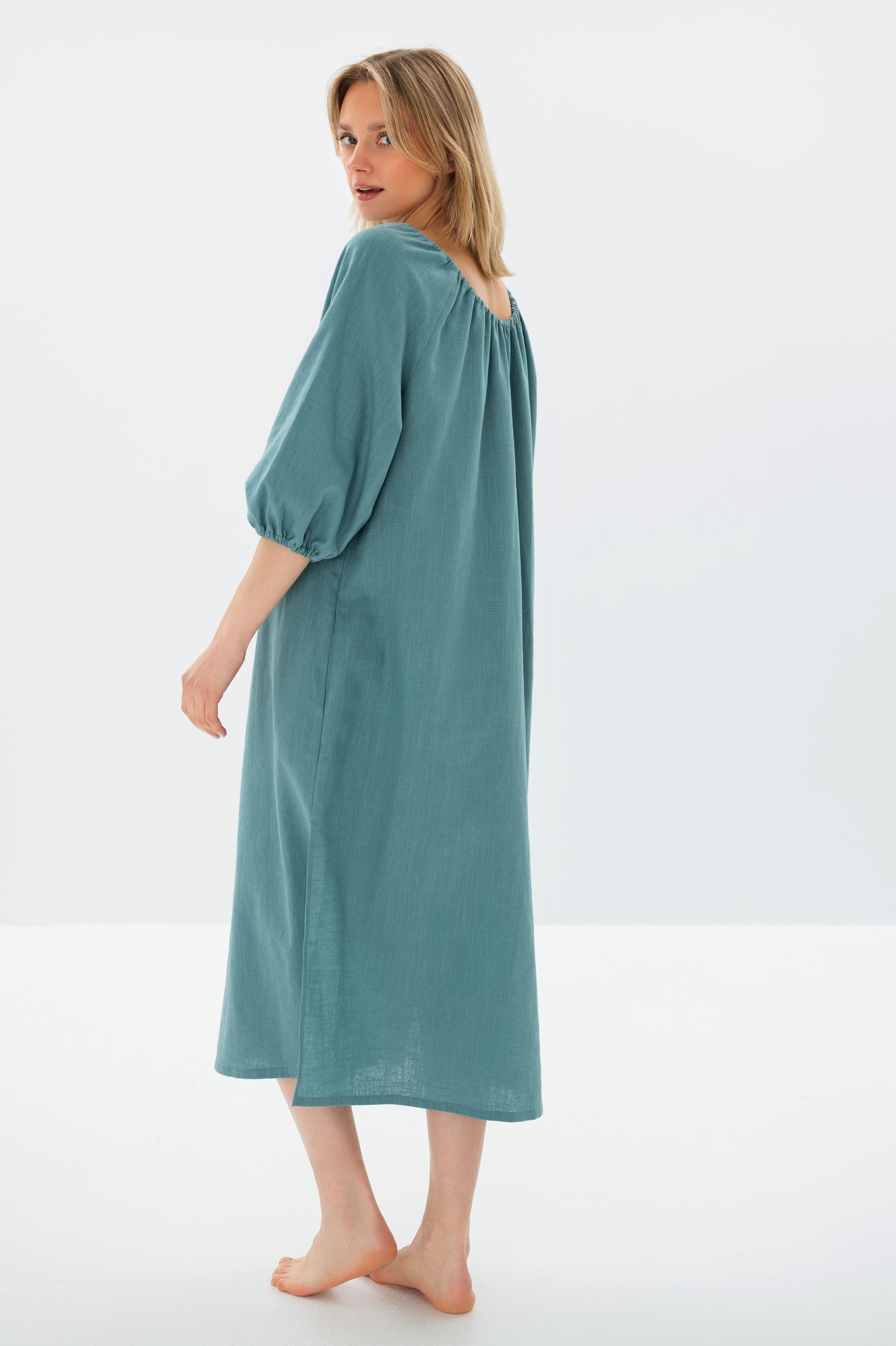 MOON — Off-Shoulder Stonewashed Linen Midi Dress