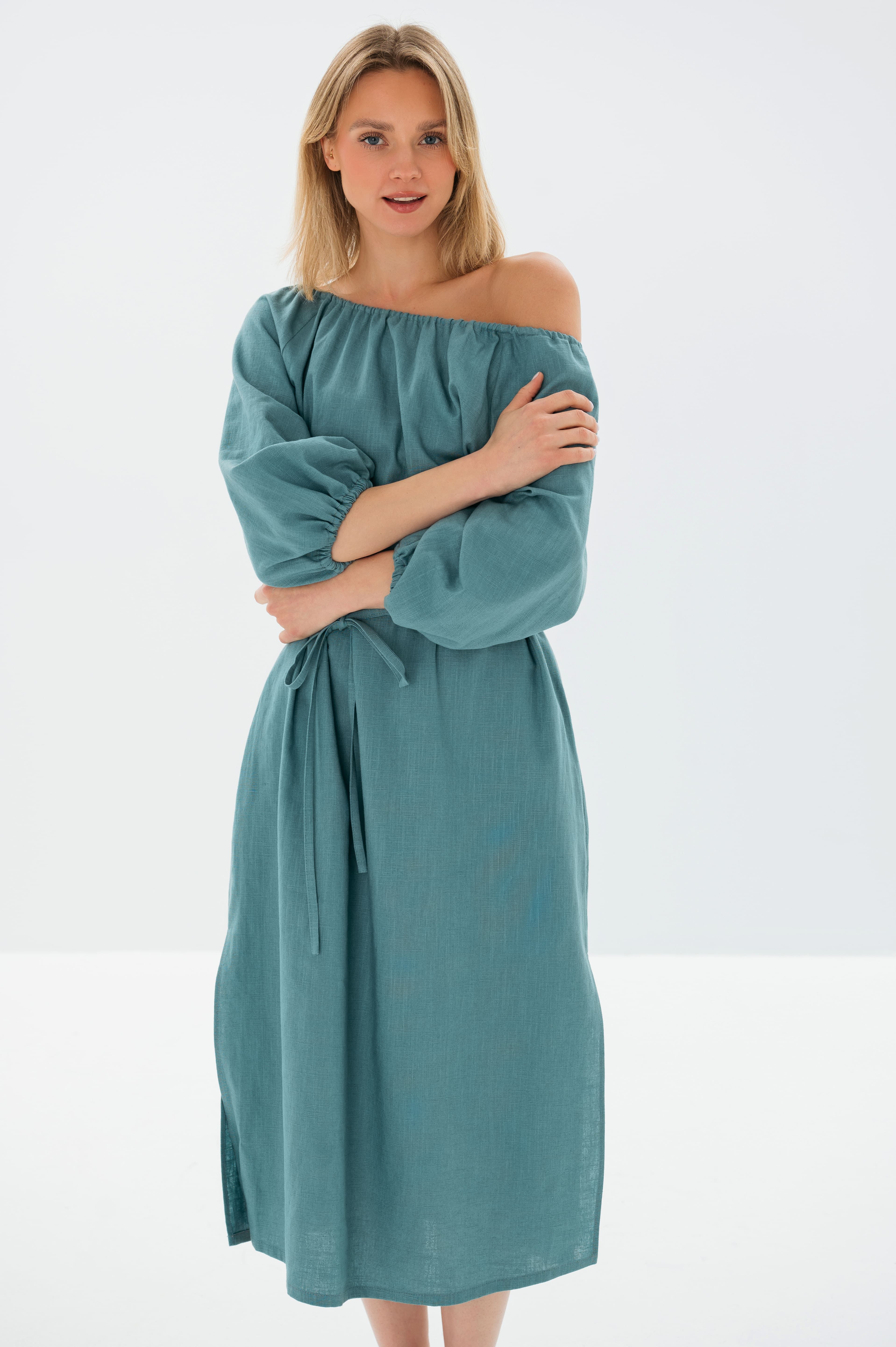 MOON — Off-Shoulder Stonewashed Linen Midi Dress