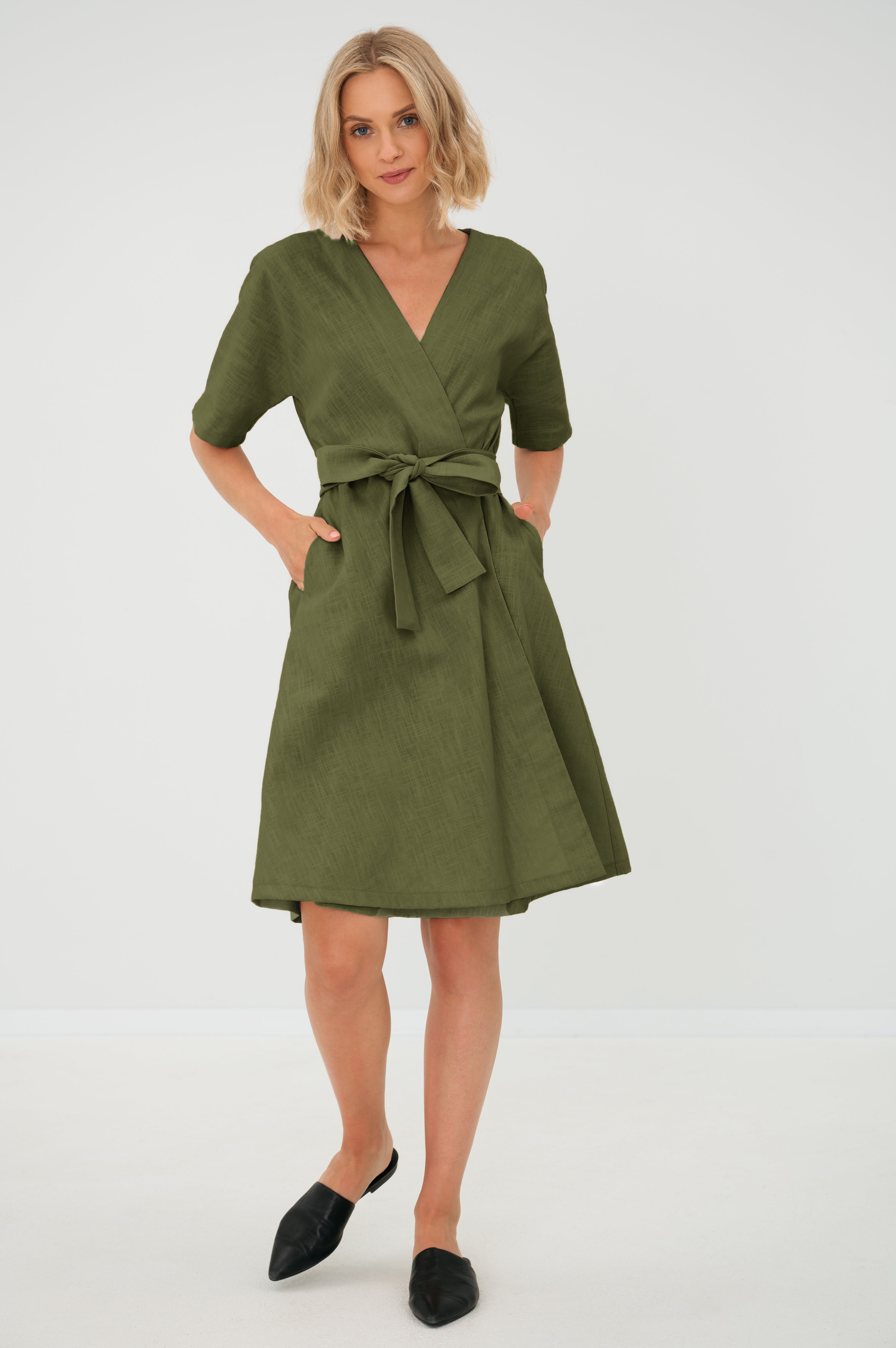 CHLOE — Wrap-Style Linen Dress with Pockets — Olive Green#Color_Olive Green