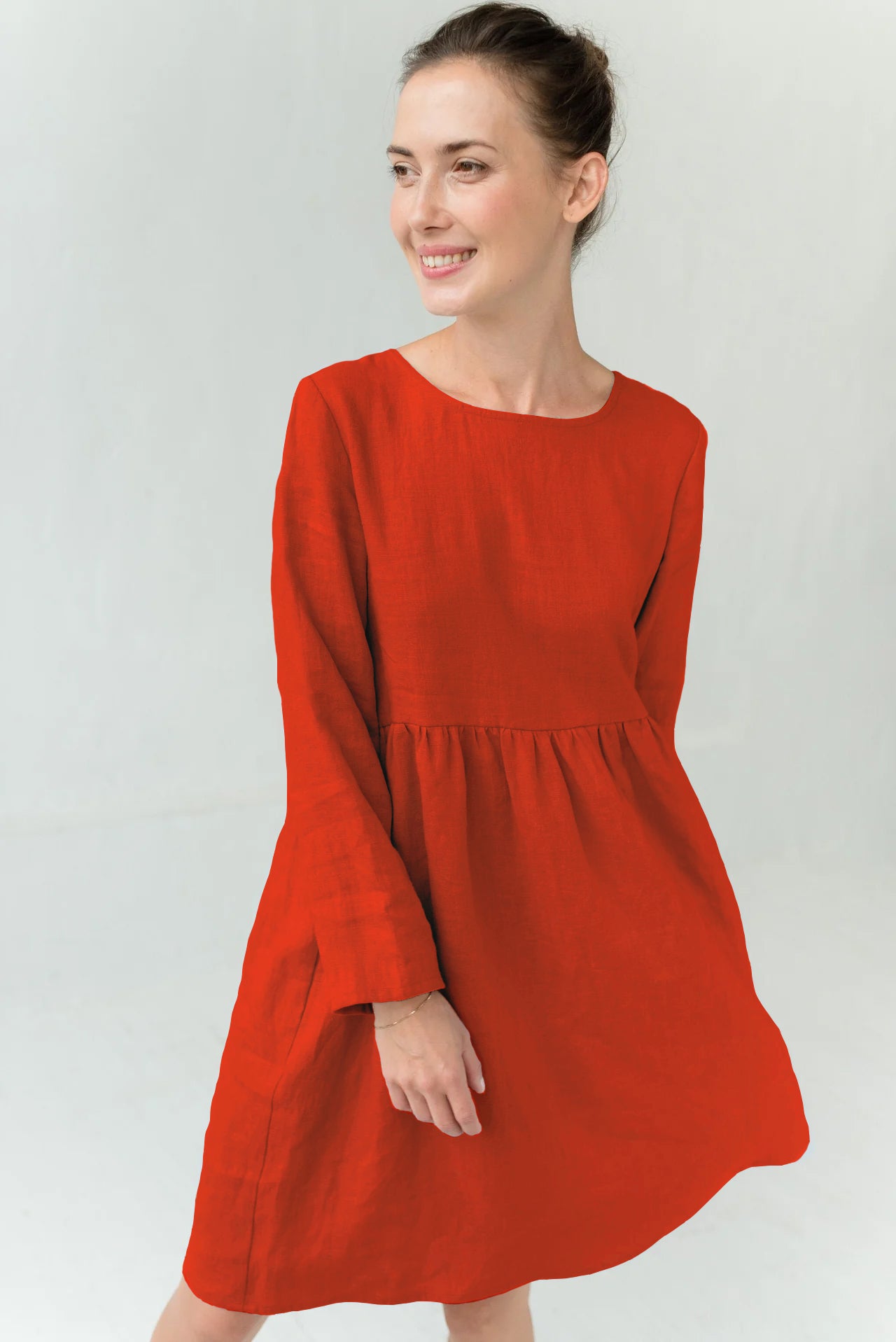 CANDY — Long-Sleeve Stonewashed Linen Dress — Orange#Color_Orange