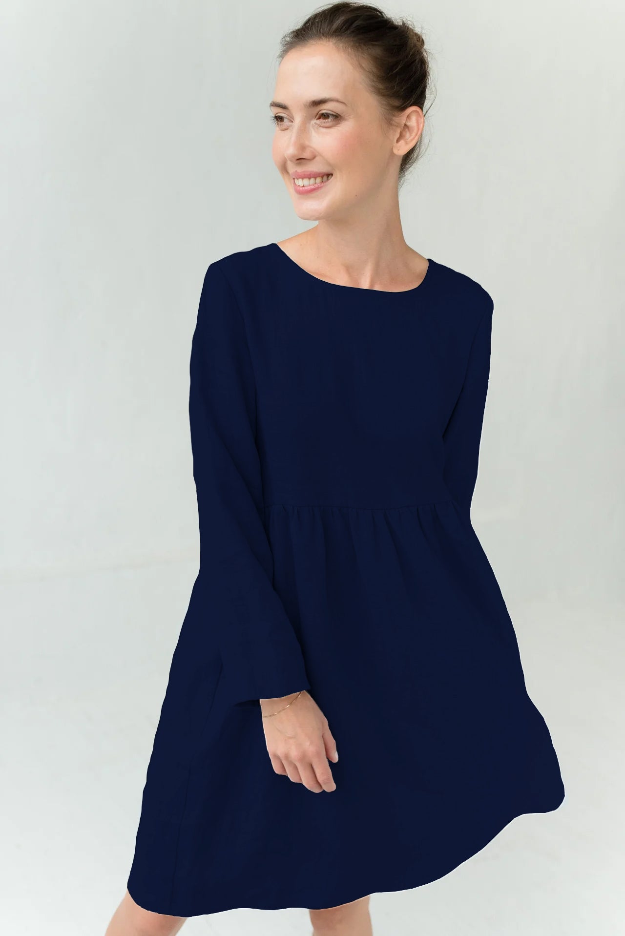CANDY — Long-Sleeve Stonewashed Linen Dress — Deep blue#Color_Deep blue
