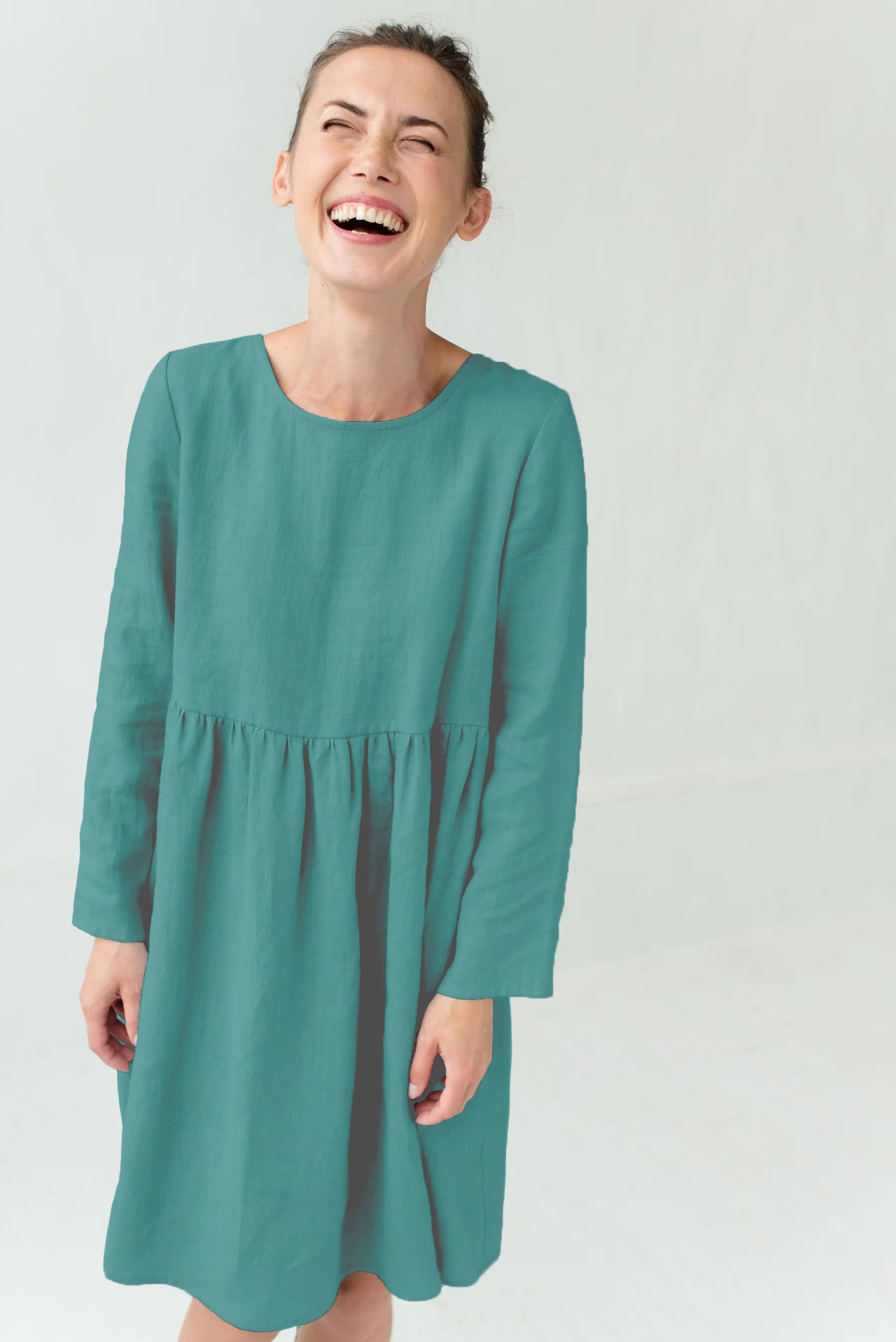CANDY — Long-Sleeve Stonewashed Linen Dress — Teal#Color_Teal