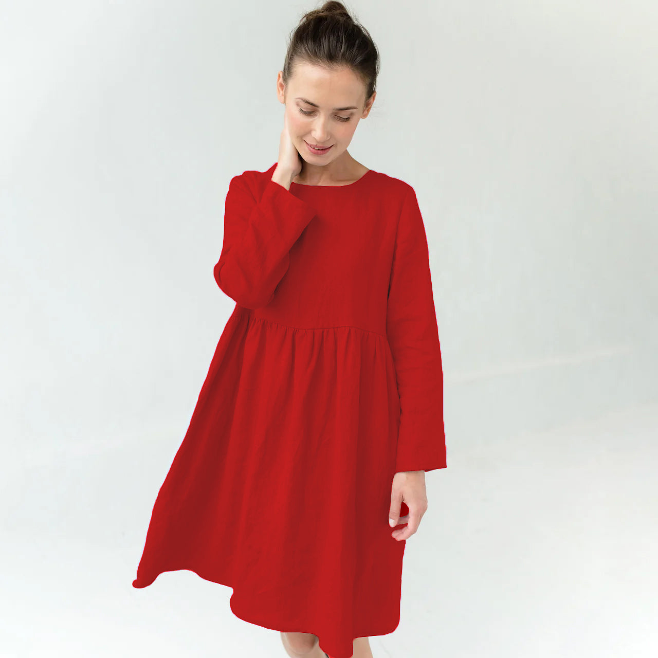 CANDY — Long-Sleeve Stonewashed Linen Dress — Red#Color_Red