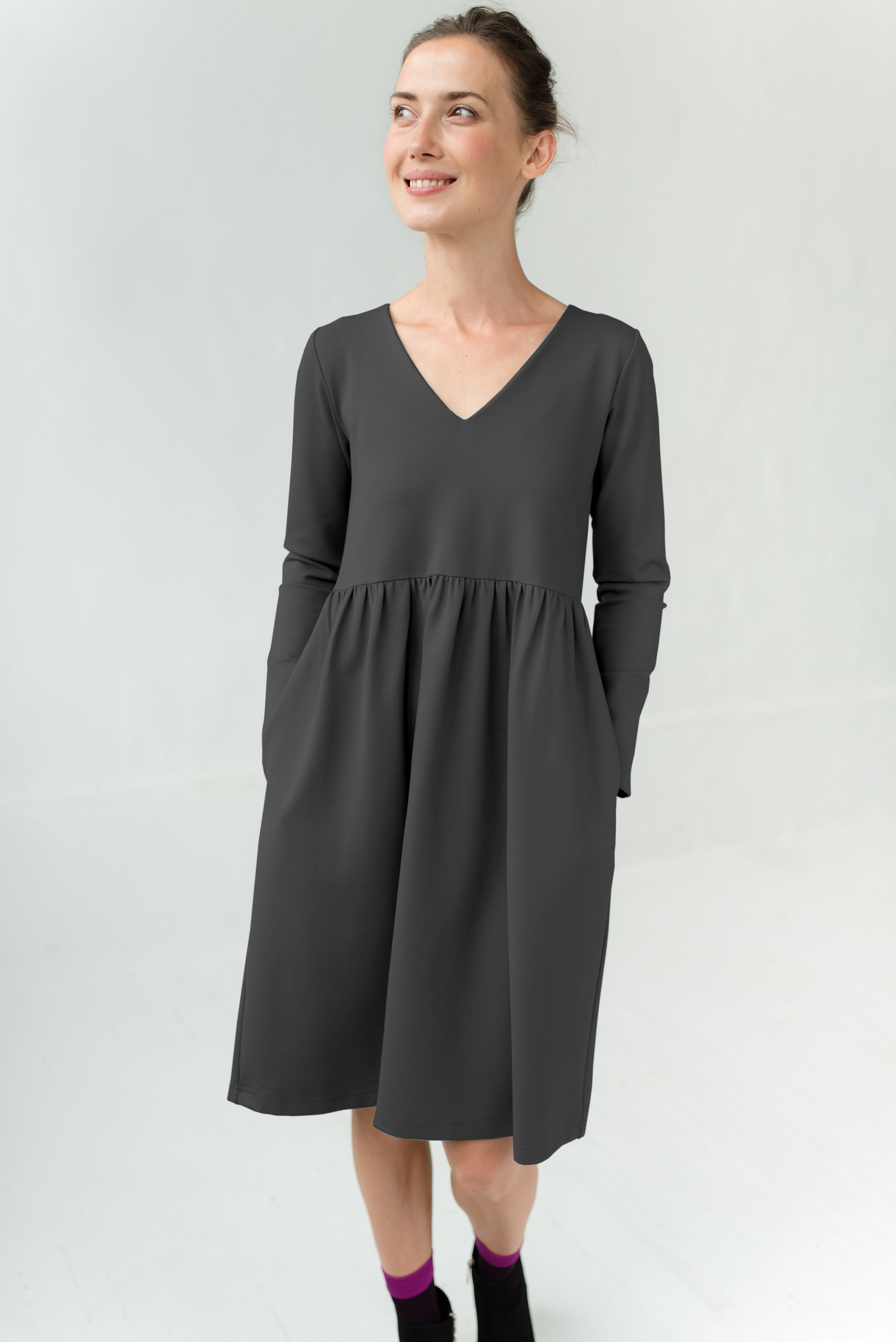SUNSHINE — Italian Punto Milano Knit Dress — Gray green#Color_Gray green