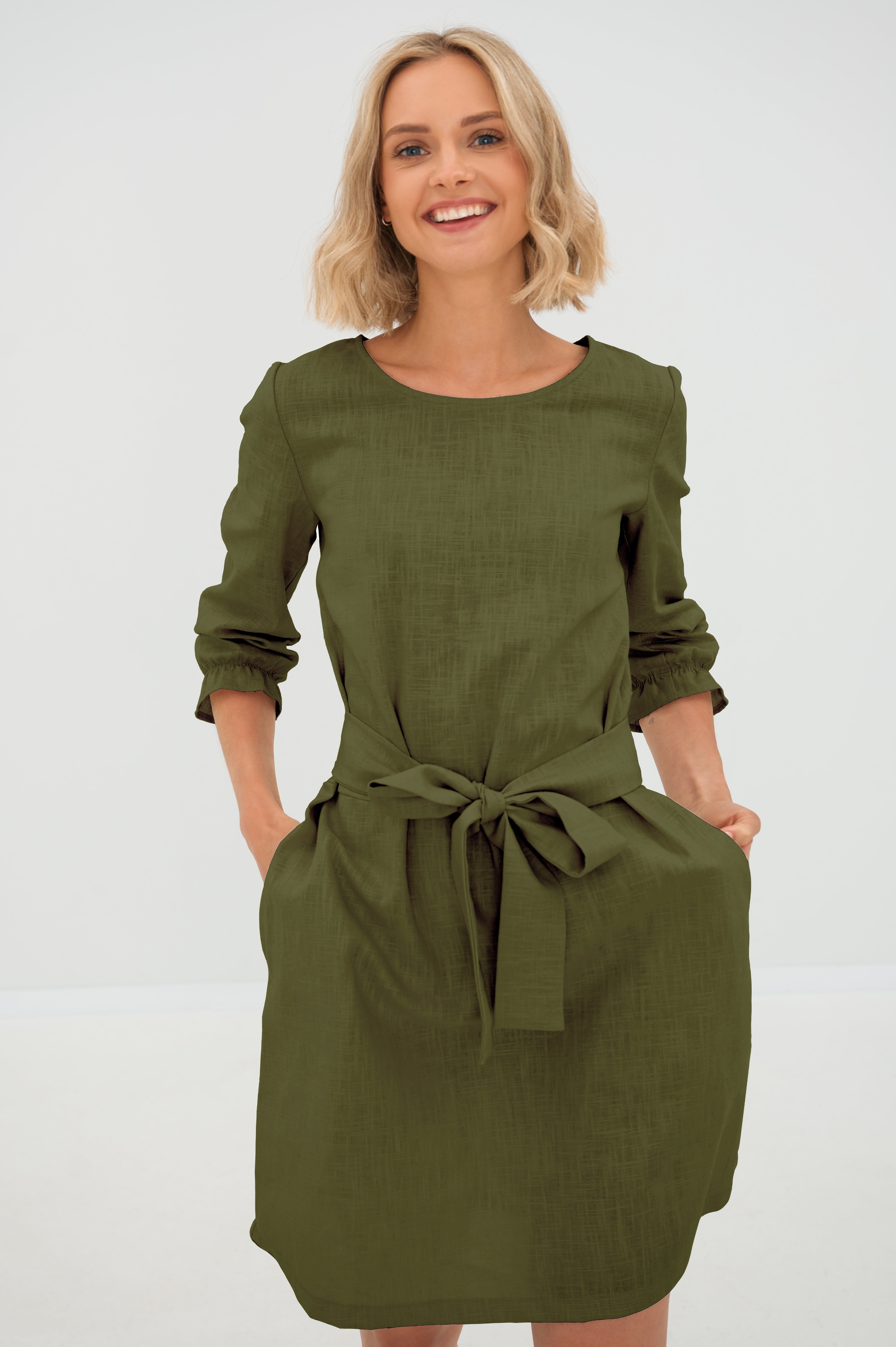 Linen dress EMMA — Stonewashed Linen with Pockets Olive Green#Color_Olive Green