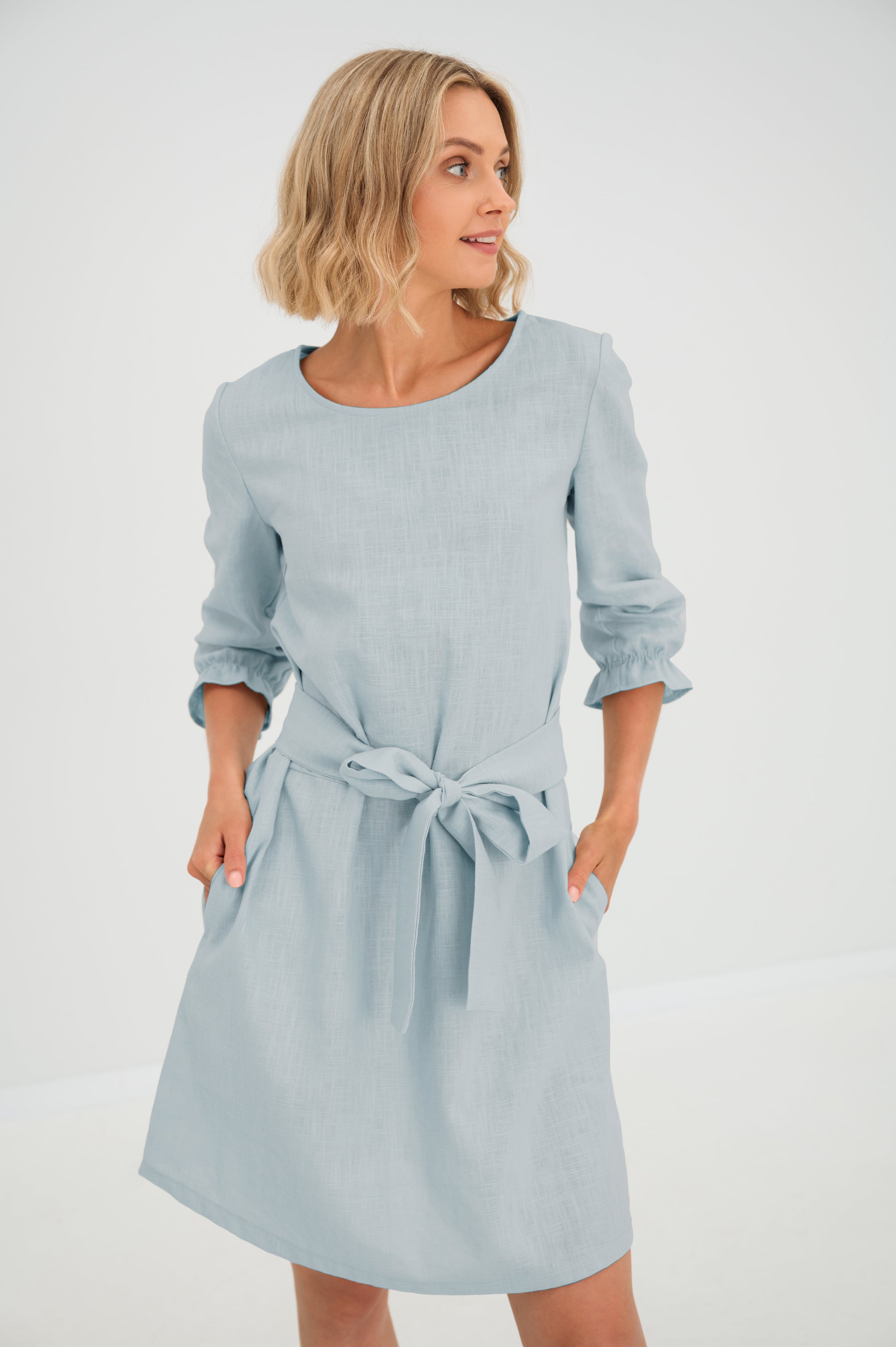 Linen dress EMMA — Stonewashed Linen with Pockets Light blue#Color_Light blue
