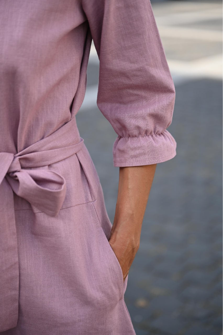 EMMA — Stonewashed Linen Dress With Pockets and Tie Belt