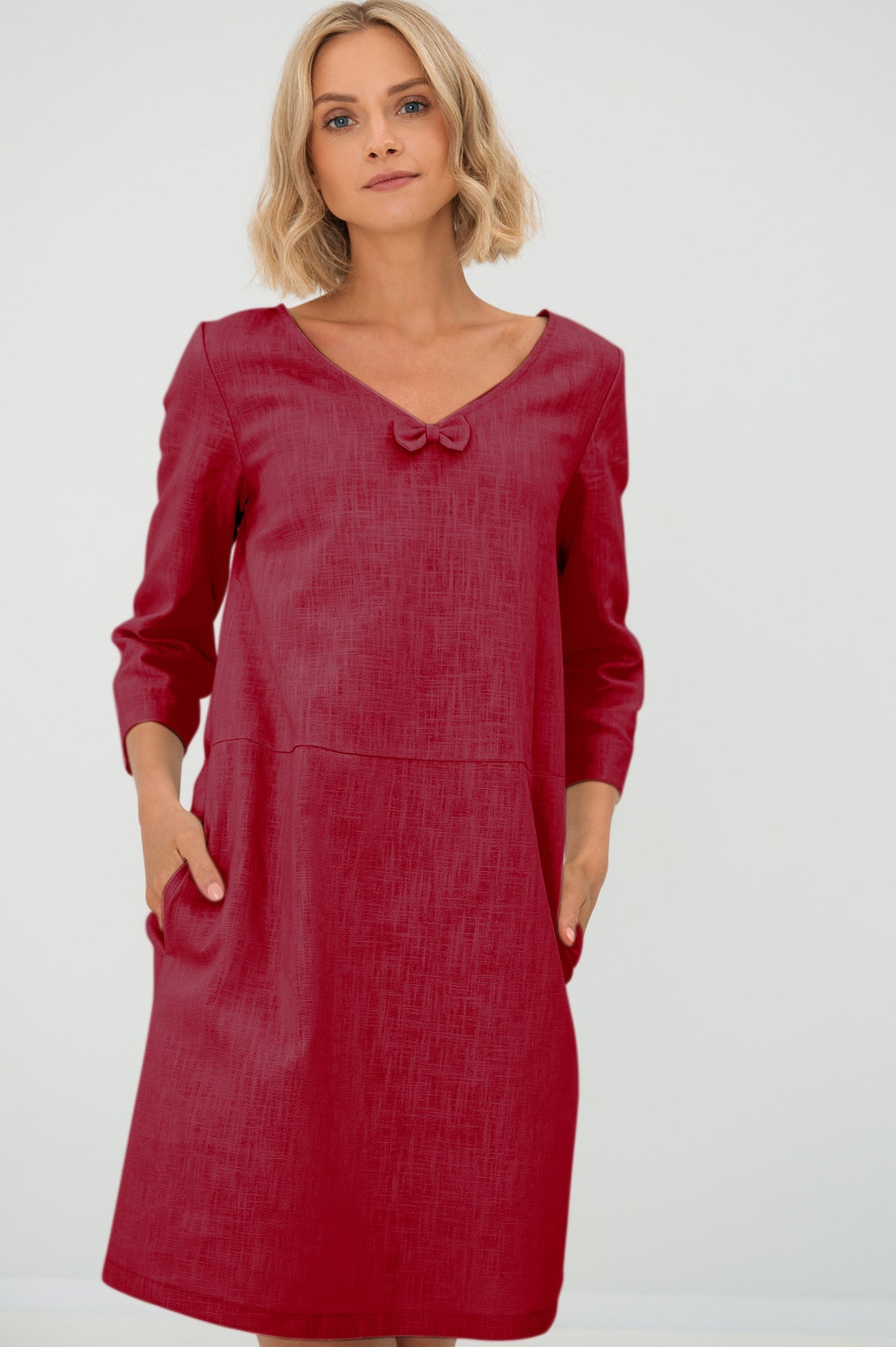 Linen dress SUN — Stonewashed V-Neck Linen Above the Knee Cerise#Color_Cerise