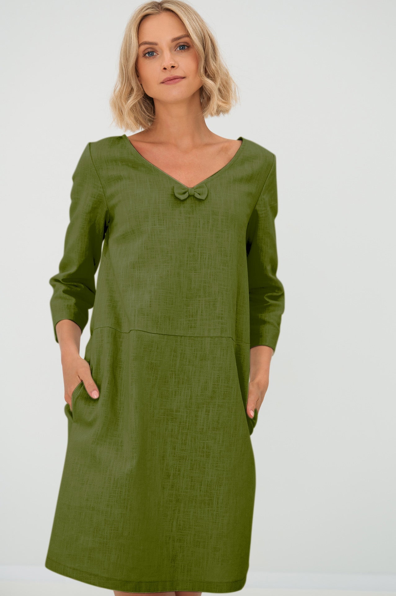 Linen dress SUN — Stonewashed V-Neck Linen Above the Knee Olive Green#Color_Olive Green