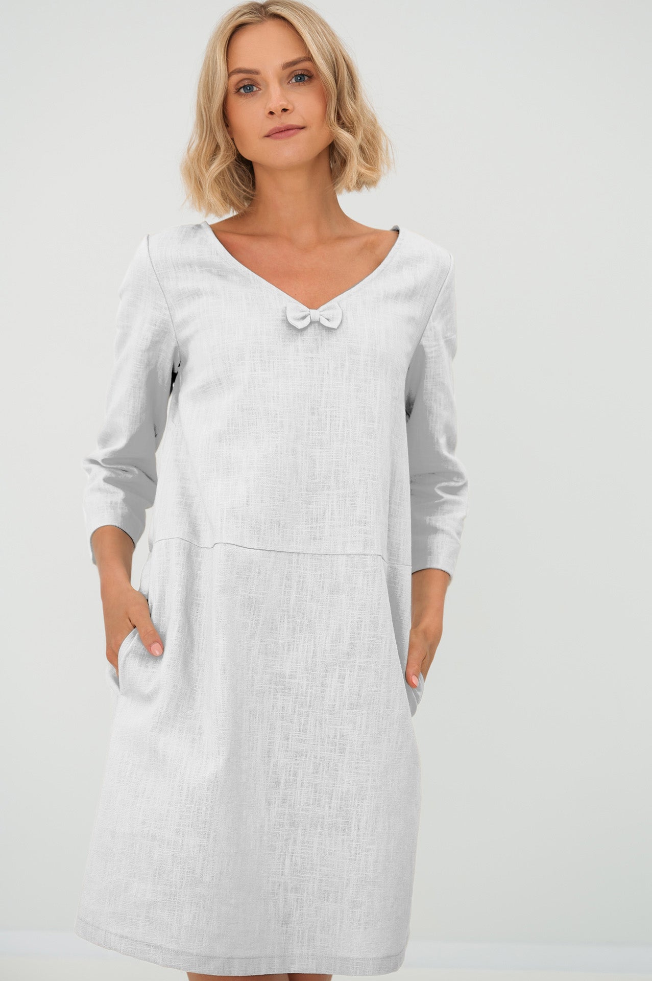 Linen dress SUN — Stonewashed V-Neck Linen Above the Knee White#Color_White