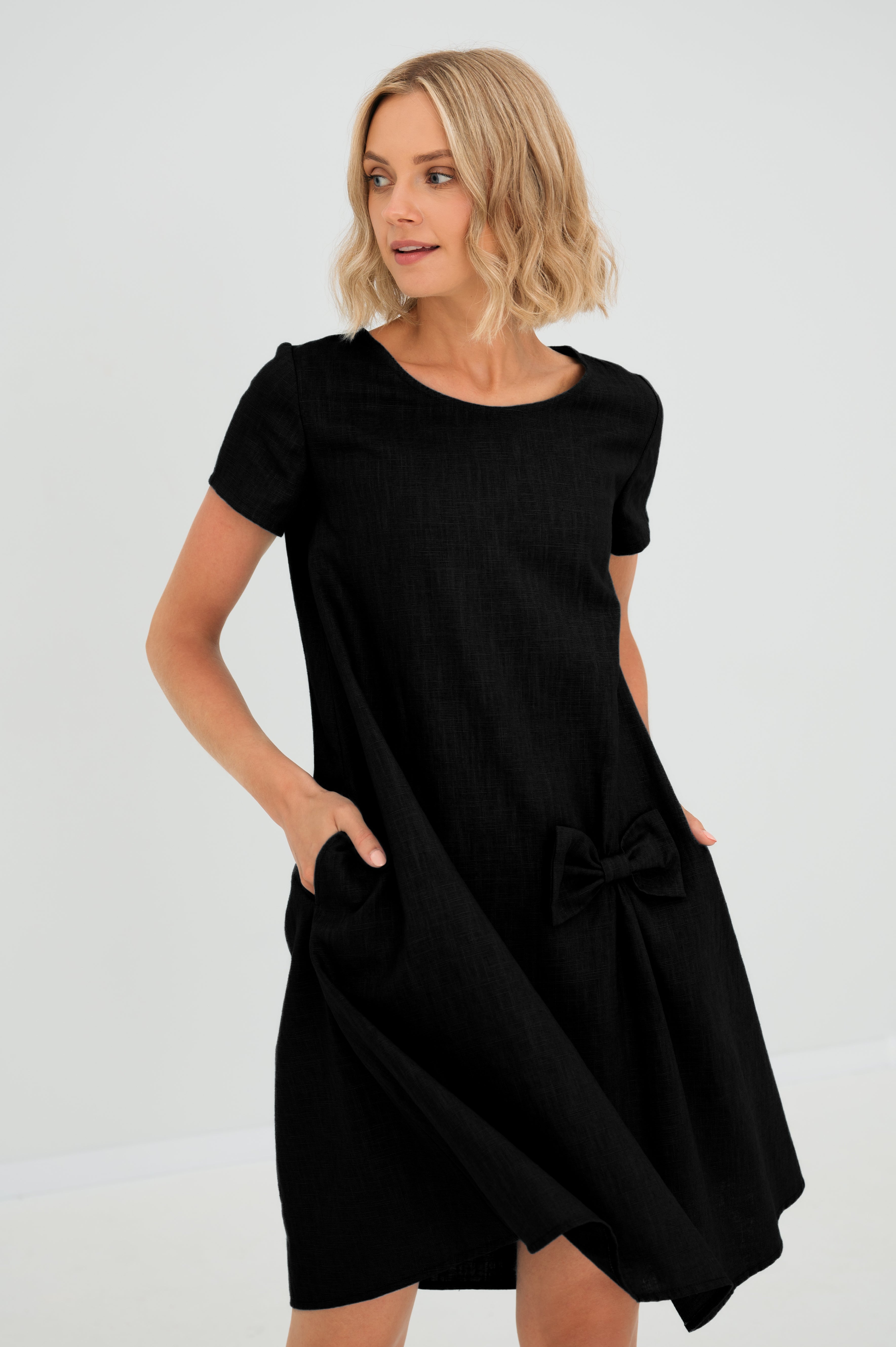 Linen dress SUMMER KISS — Stonewashed Linen with a Bow Black#Color_Black
