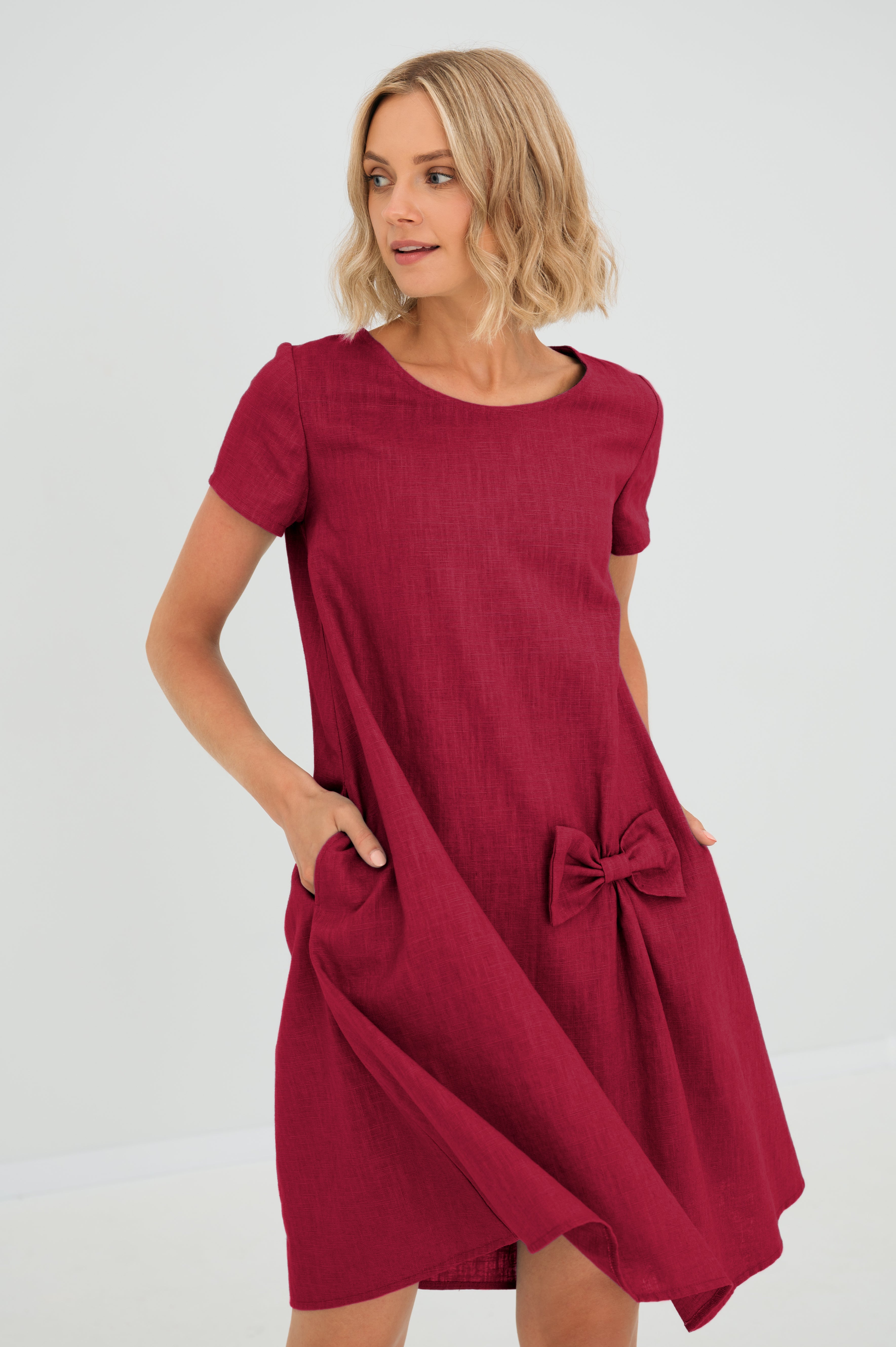 Linen dress SUMMER KISS — Stonewashed Linen with a Bow Cerise#Color_Cerise