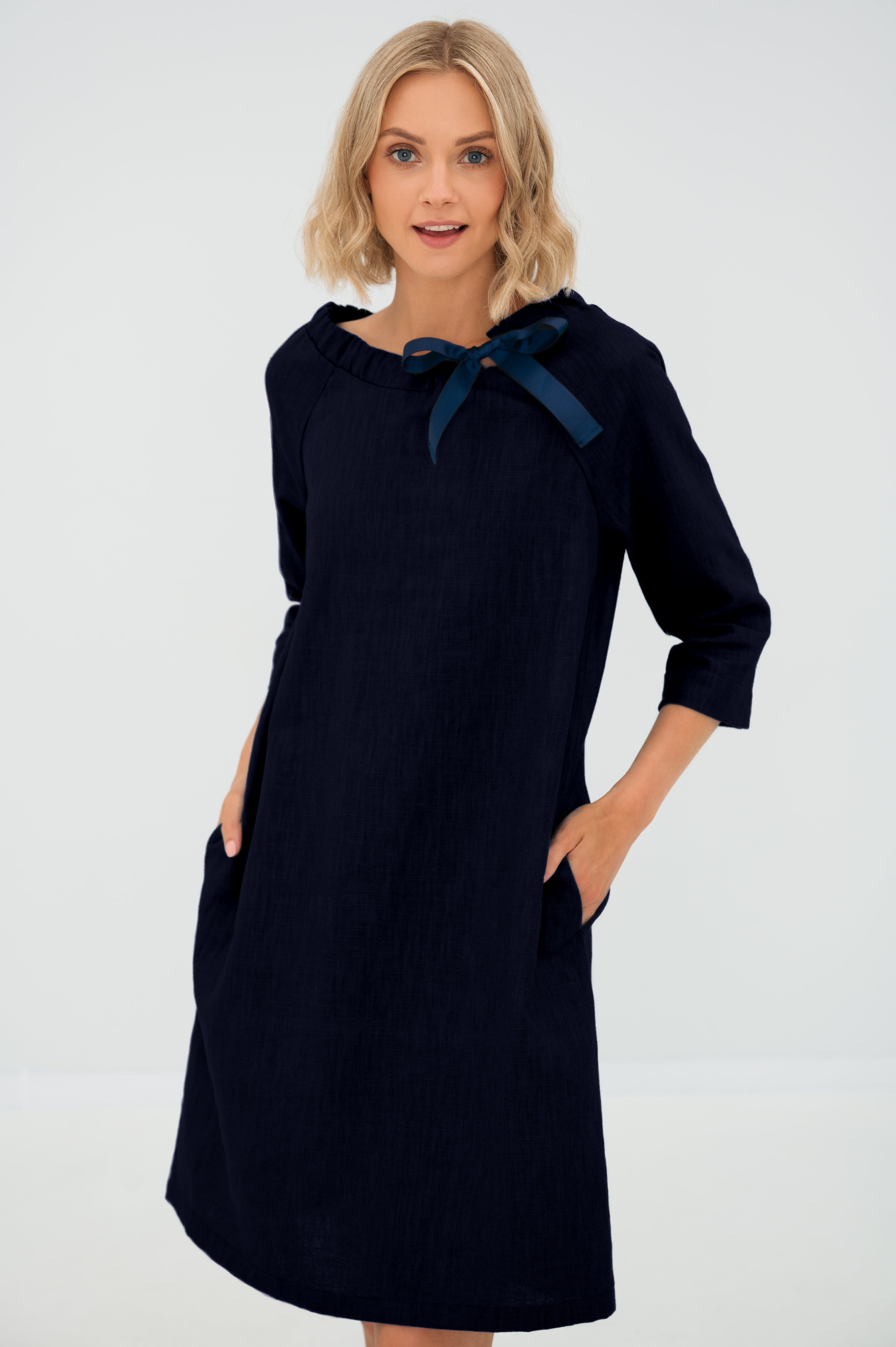Linen dress FRENCH — Stonewashed Linen with an Adjustable Bow Deep blue#Color_Deep blue