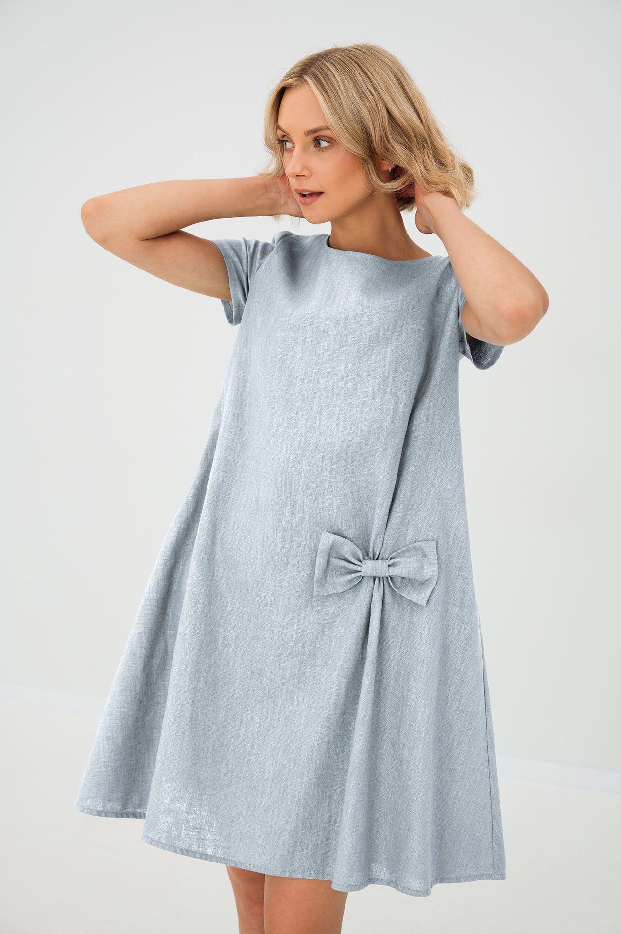 Linen dress SUMMER KISS — Stonewashed Linen with a Bow Light blue#Color_Light blue