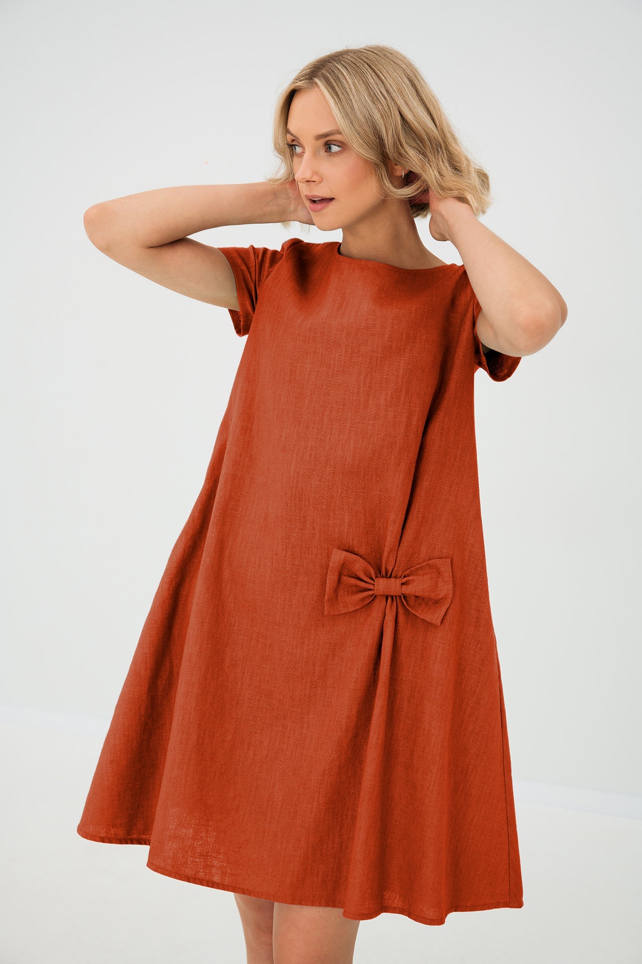 Linen dress SUMMER KISS — Stonewashed Linen with a Bow Orange#Color_Orange