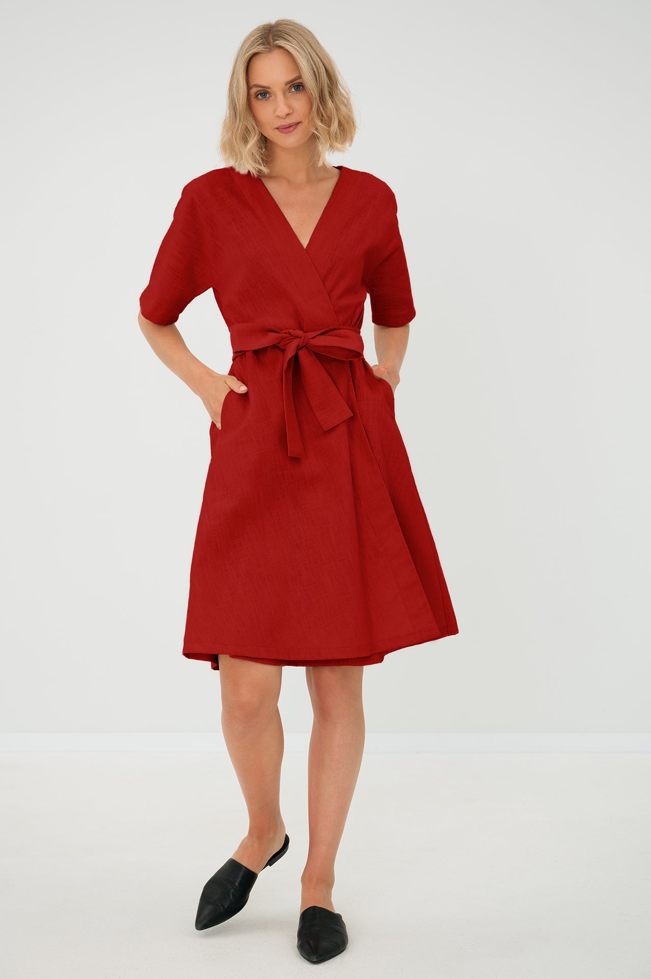 CHLOE — Wrap-Style Linen Dress with Pockets — Red#Color_Red