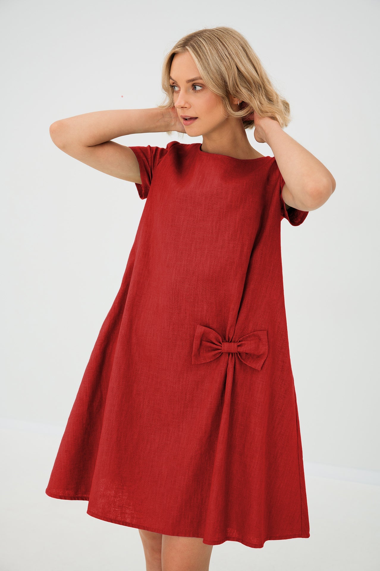 Linen dress SUMMER KISS — Stonewashed Linen with a Bow Red#Color_Red