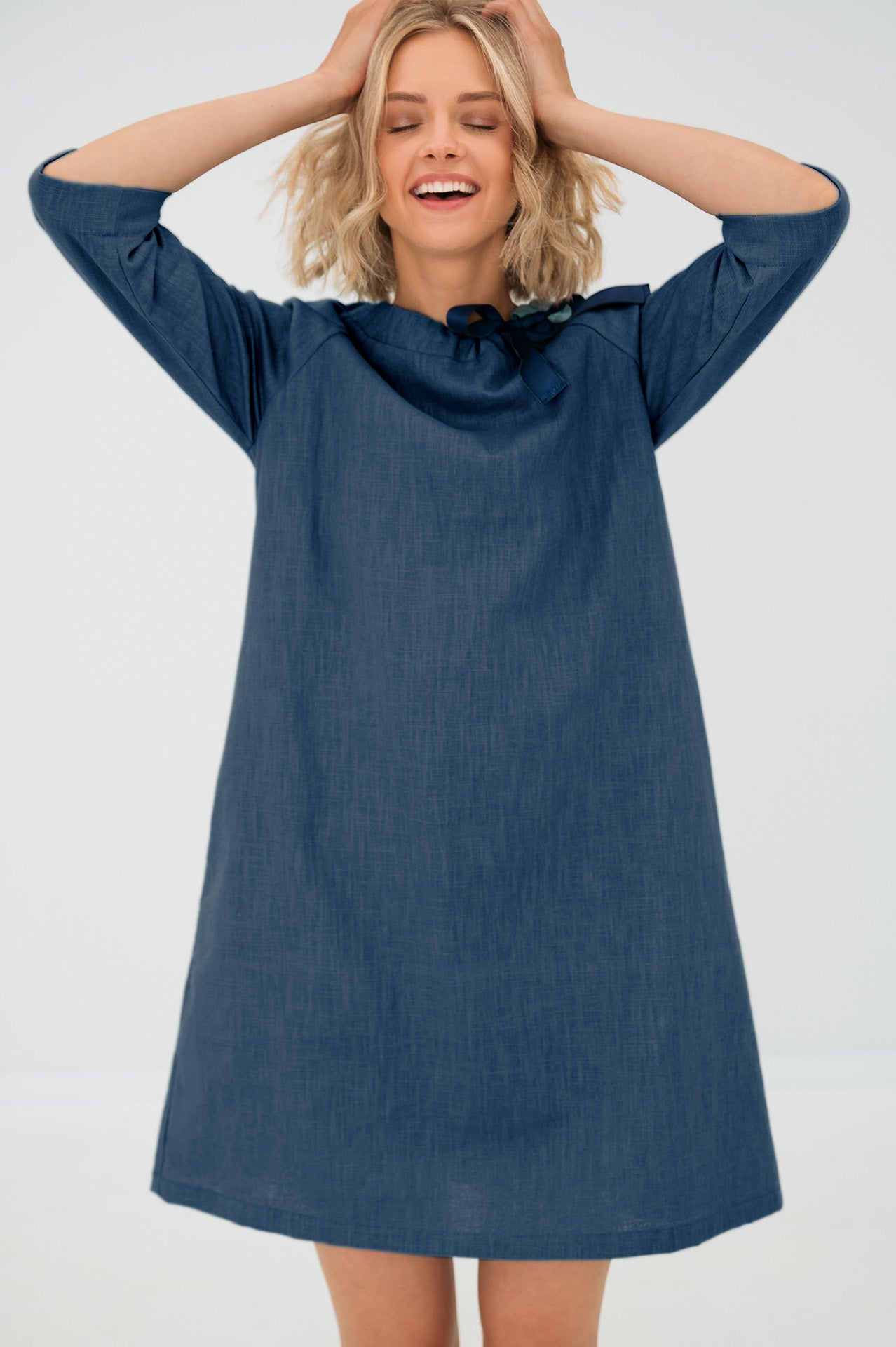 Linen dress FRENCH — Stonewashed Linen with an Adjustable Bow Blue#Color_Blue