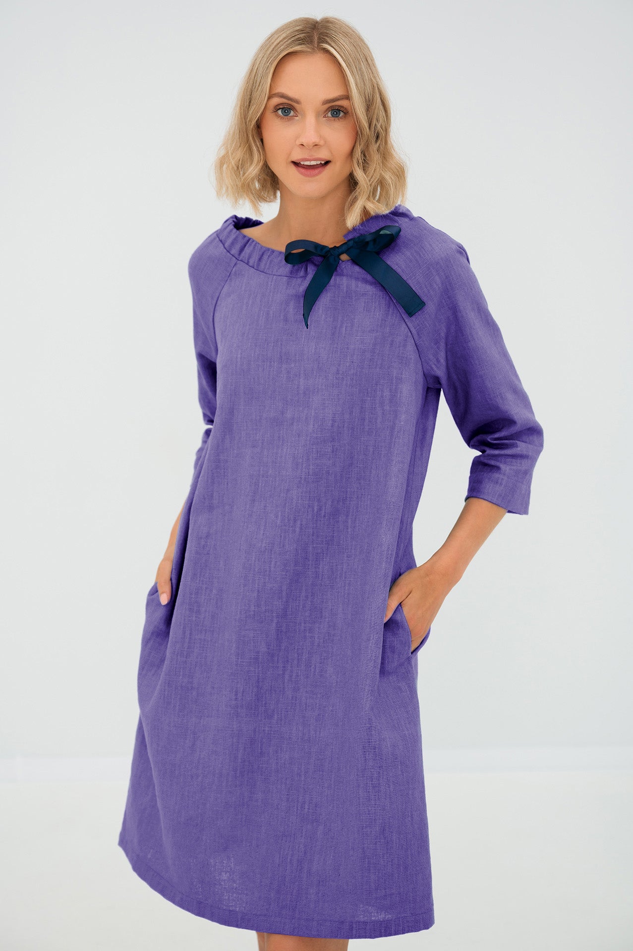 Linen dress FRENCH — Stonewashed Linen with an Adjustable Bow Purple#Color_Purple