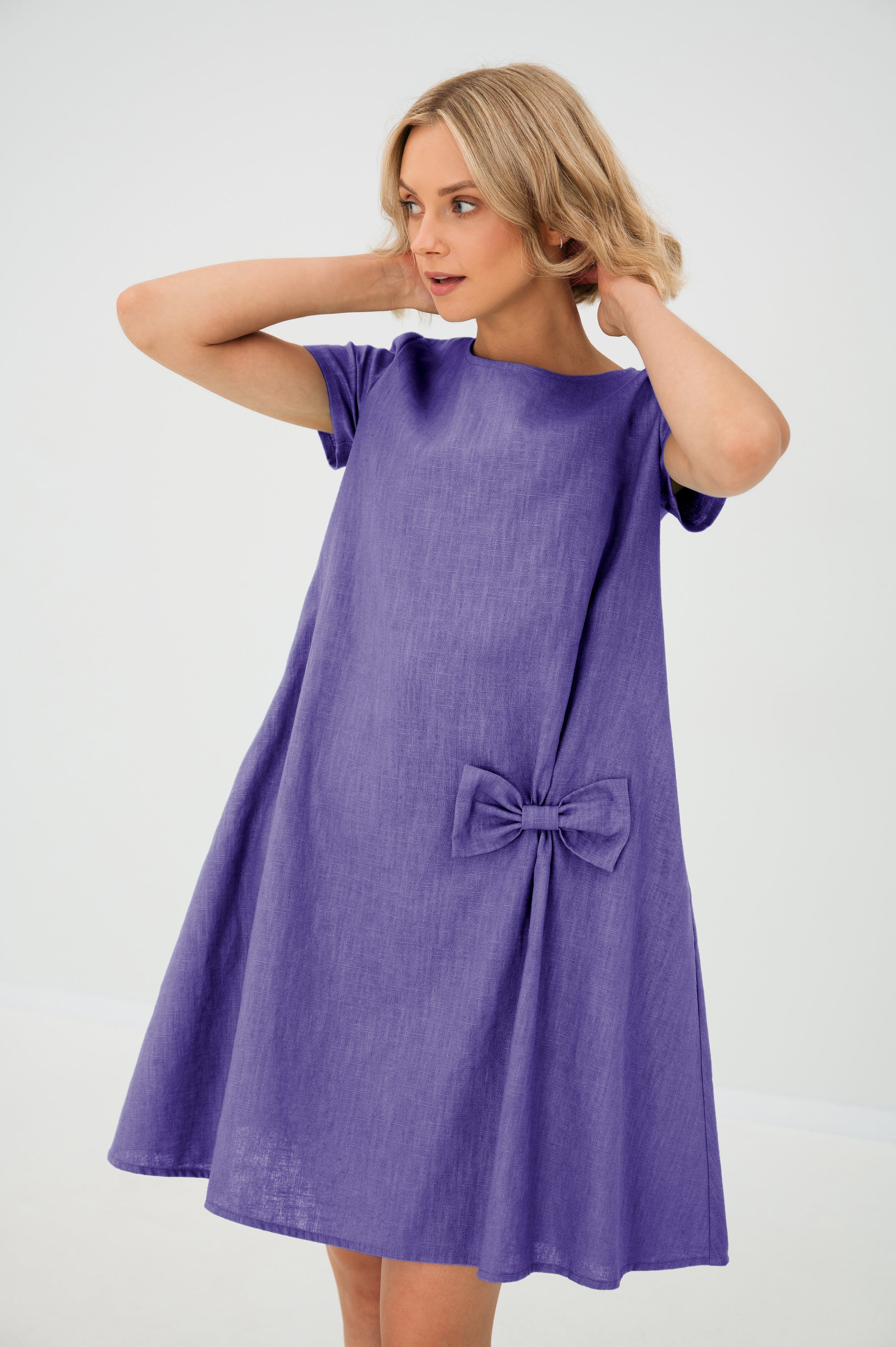 Linen dress SUMMER KISS — Stonewashed Linen with a Bow Purple#Color_Purple