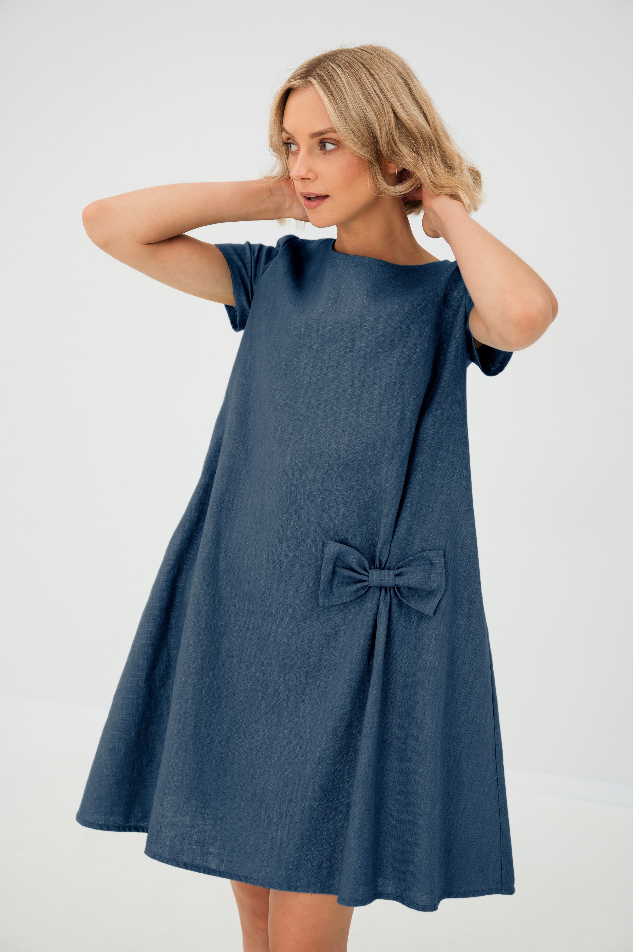 Linen dress SUMMER KISS — Stonewashed Linen with a Bow Blue#Color_Blue