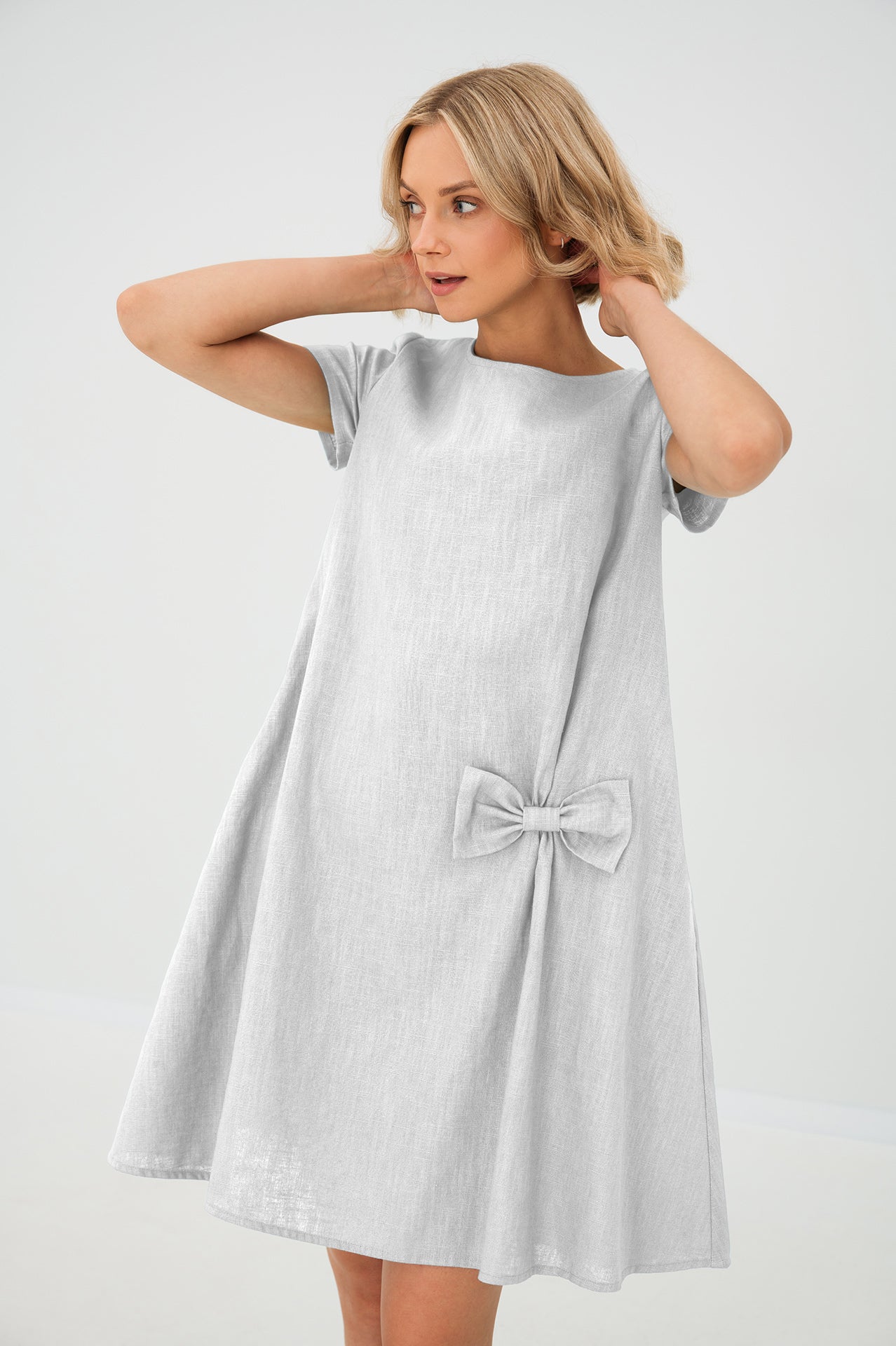 Linen dress SUMMER KISS — Stonewashed Linen with a Bow White#Color_White