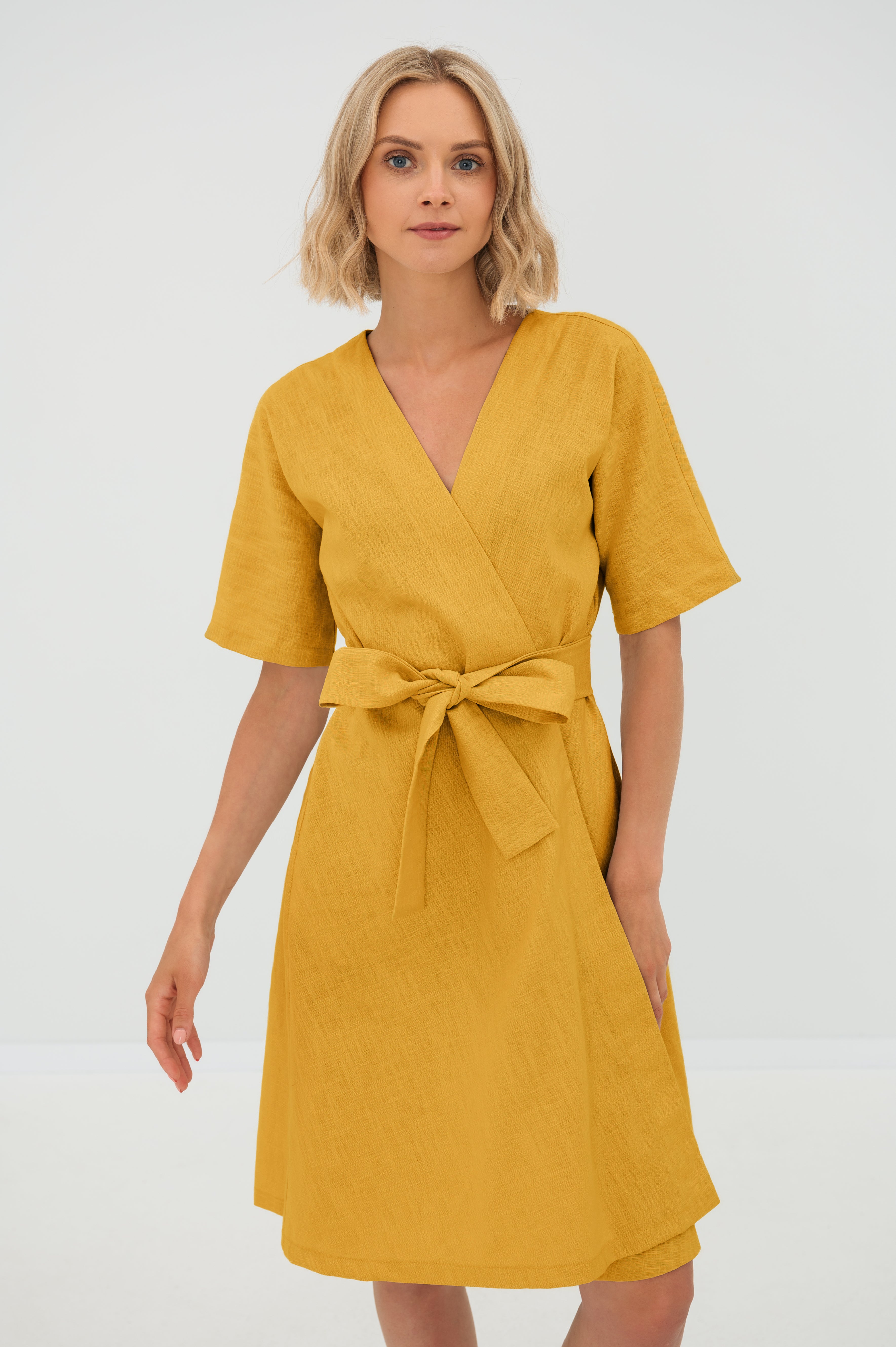 CHLOE — Wrap-Style Linen Dress with Pockets — Yellow#Color_Yellow