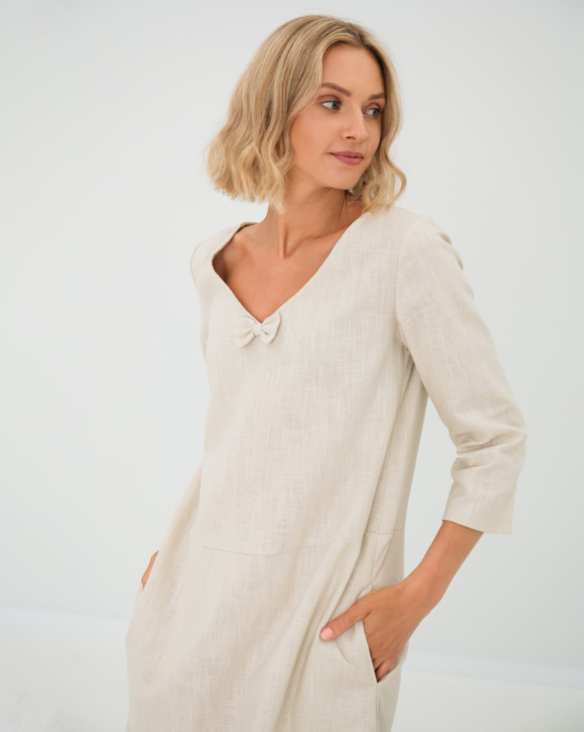 Linen dress SUN — Stonewashed V-Neck Linen Above the Knee Beige#Color_Beige