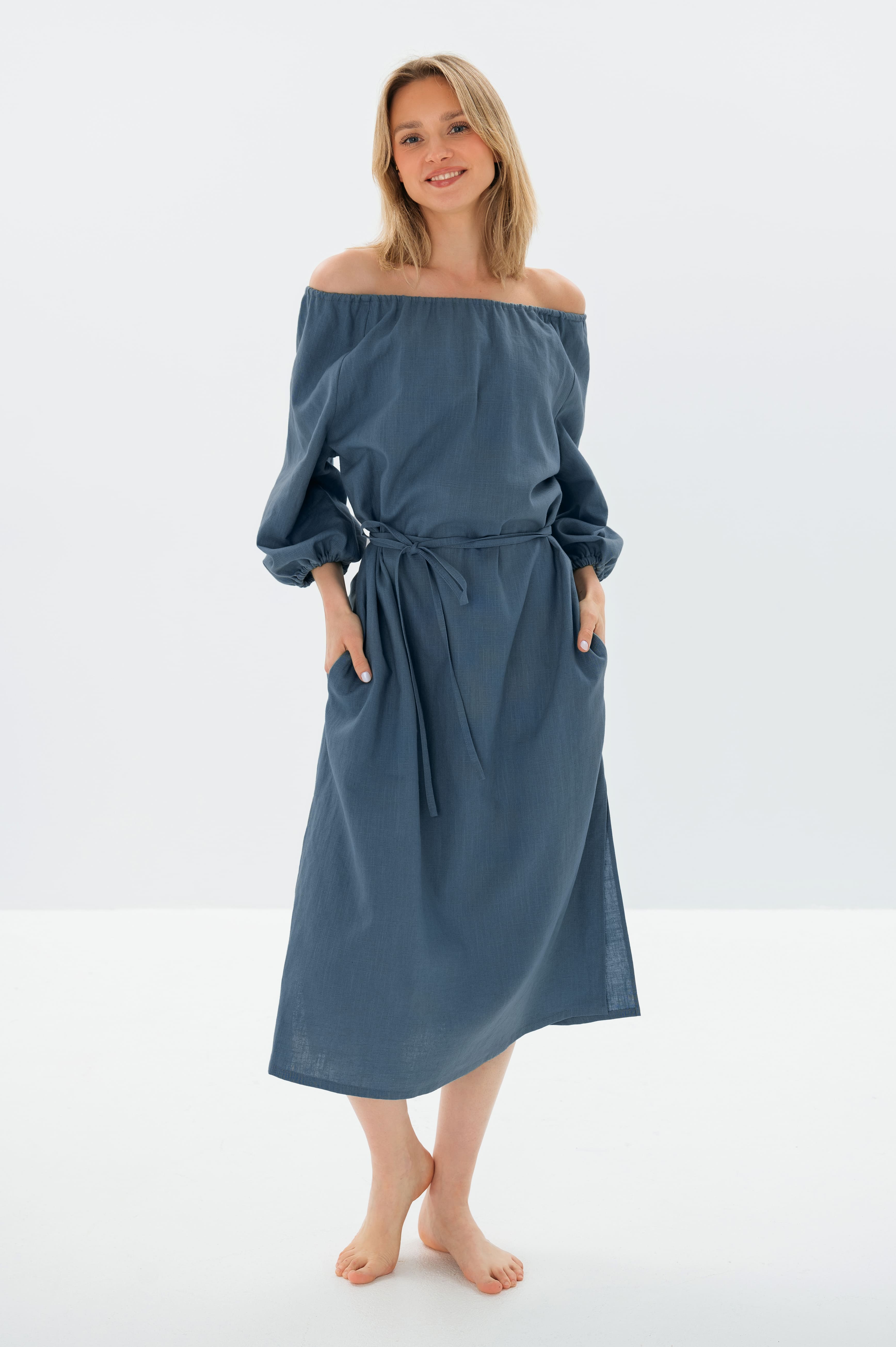 MOON — Off-Shoulder Stonewashed Linen Midi Dress — Blue#Color_Blue