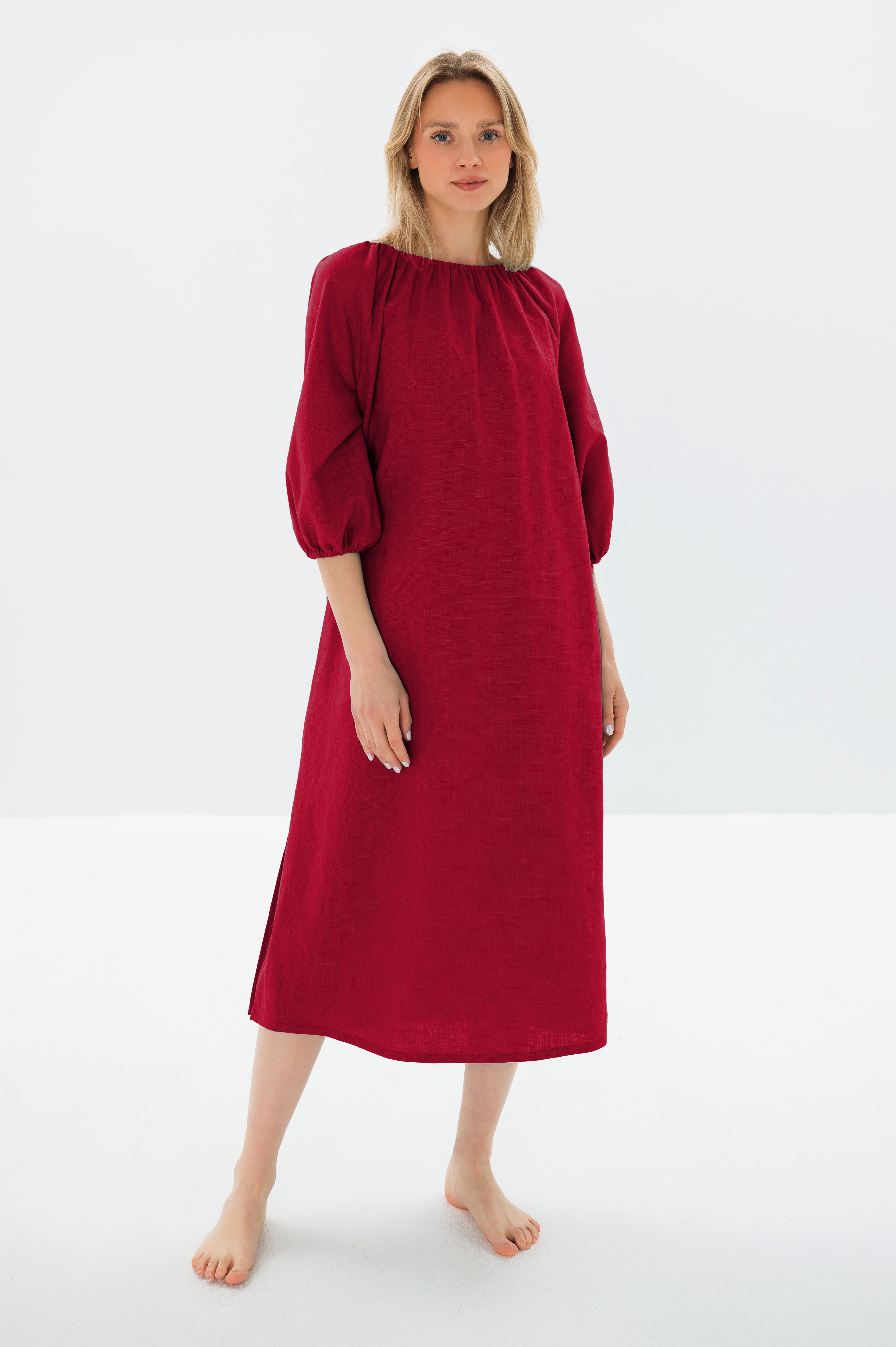 MOON — Off-Shoulder Stonewashed Linen Midi Dress — Cerise#Color_Cerise