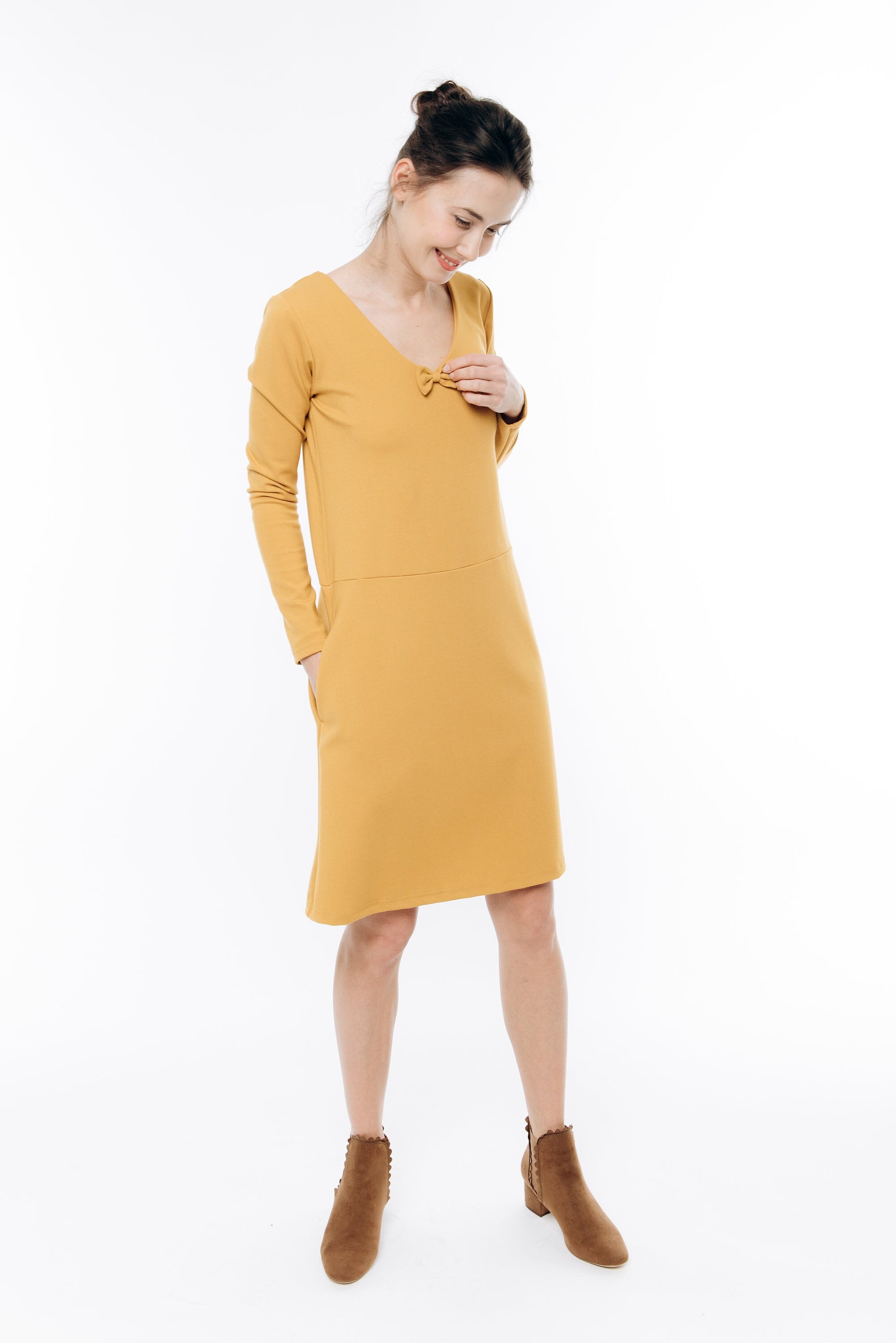 SUN — Italian Punto Milano Knit A-Line Dress with Bow