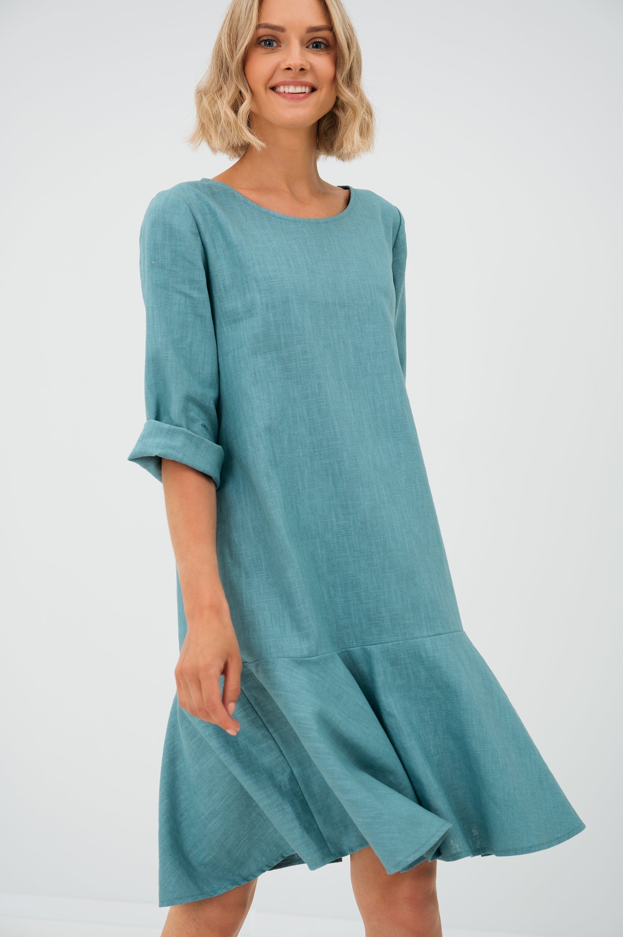 NORA — Stonewashed Linen Flounce-Hem Dress