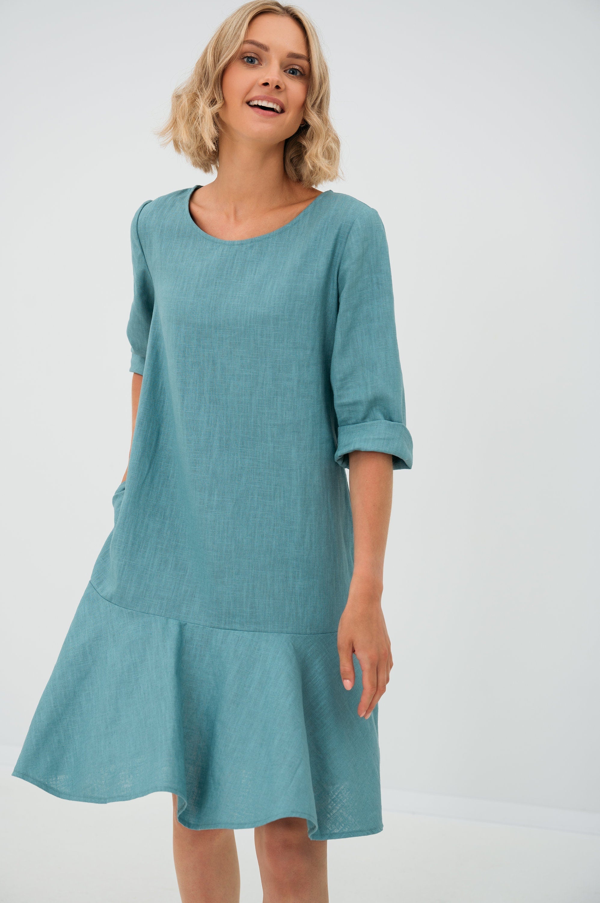 NORA — Stonewashed Linen Flounce-Hem Dress