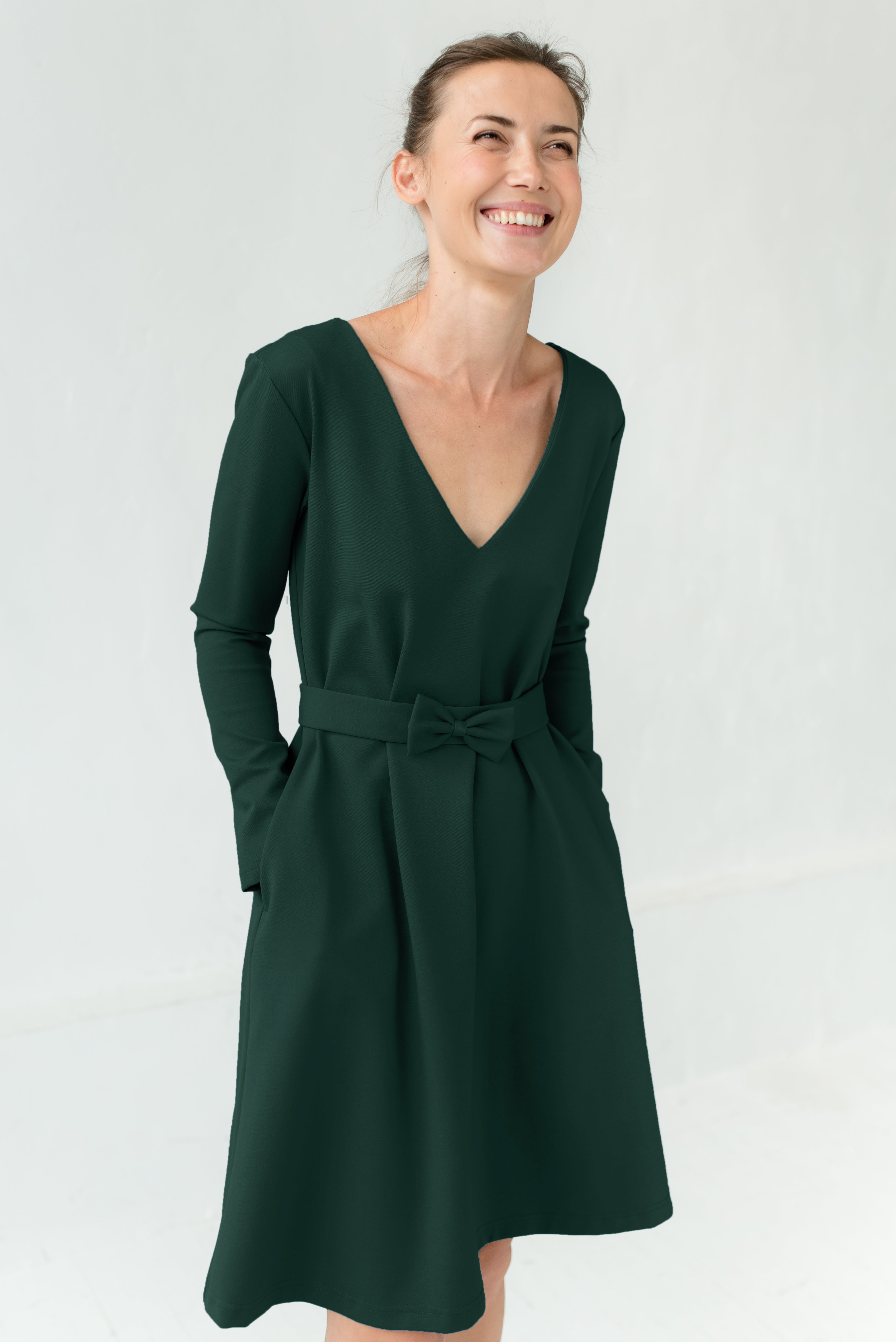 JAZZ — Italian Punto Milano Knit Dress, Belted V-Neck — Green#Color_Green