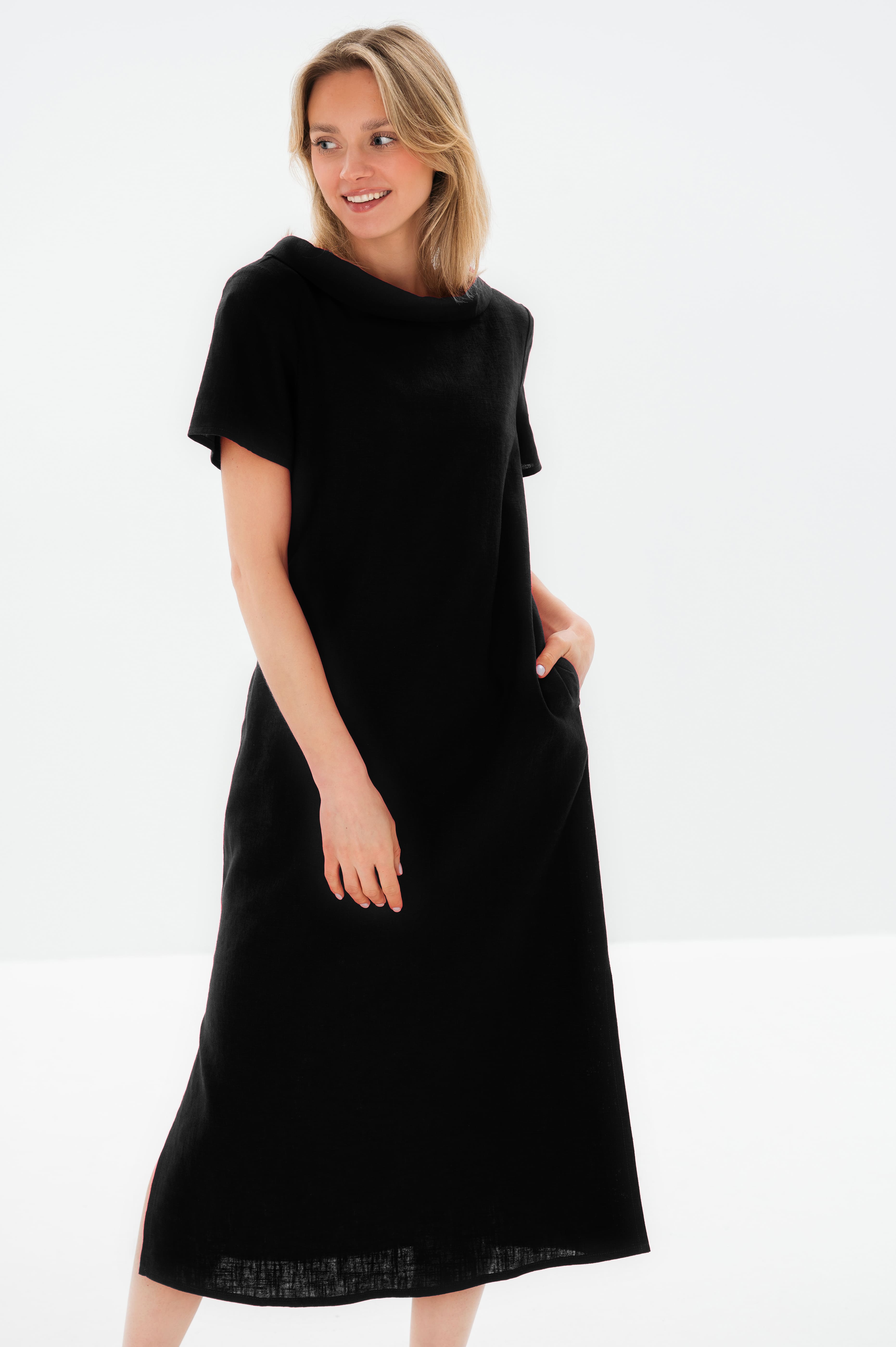 LONG STORY — Short-Sleeve Belted Linen Midi Dress — Black#Color_Black