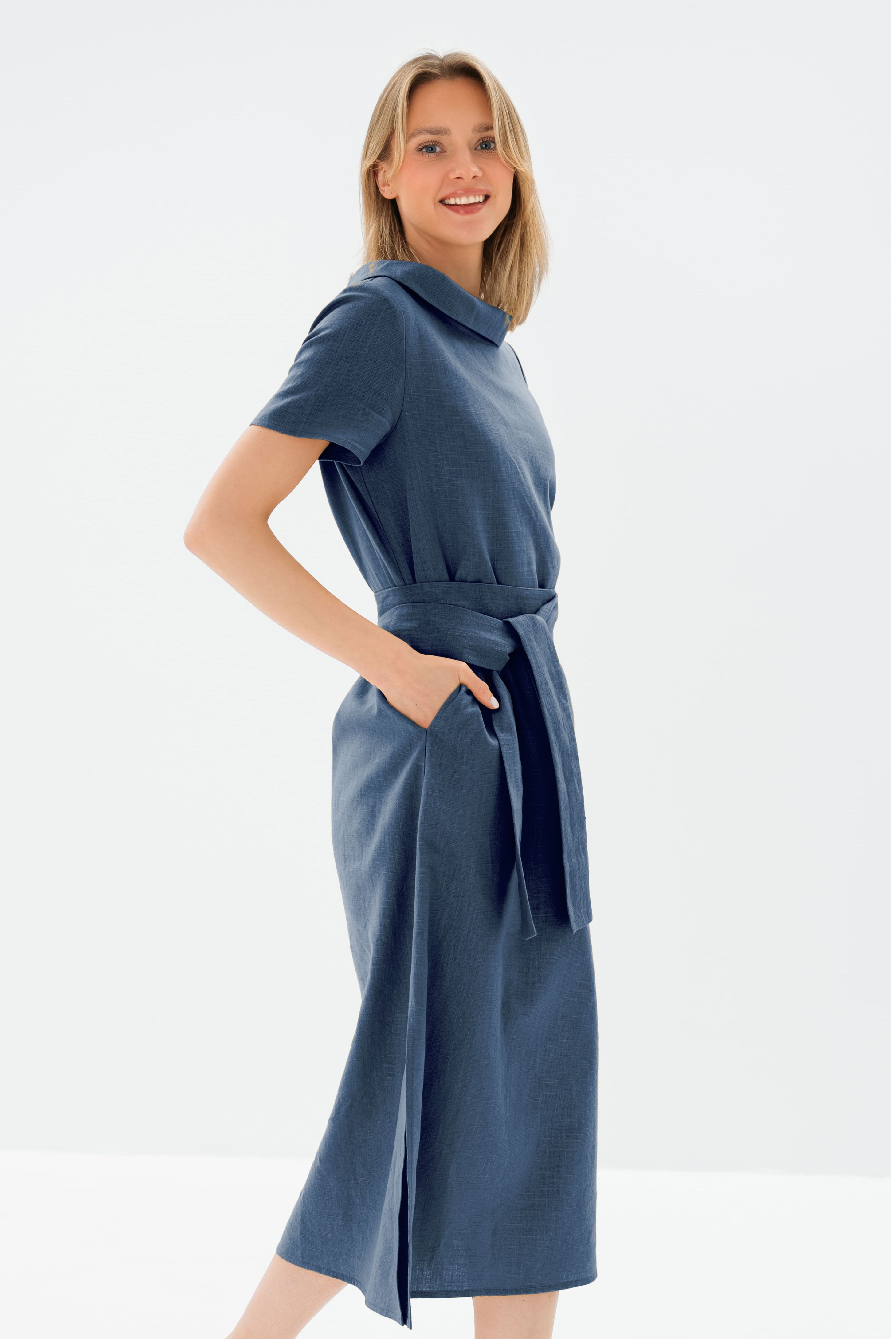LONG STORY — Short-Sleeve Belted Linen Midi Dress — Blue#Color_Blue