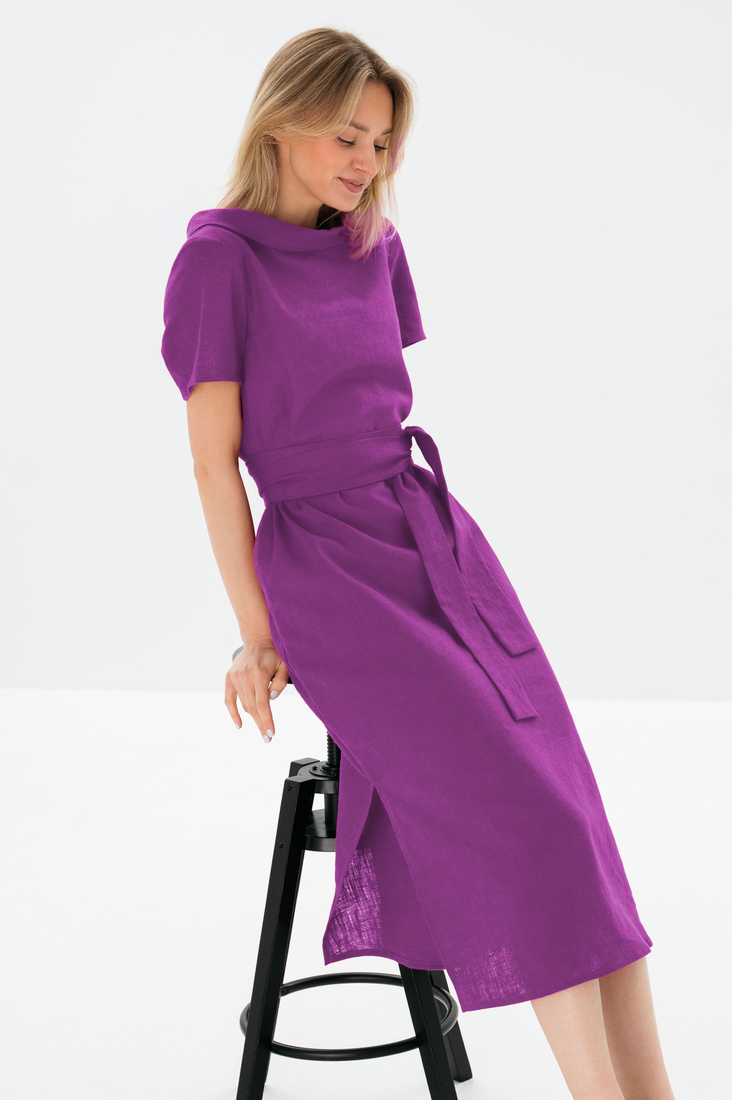 LONG STORY — Short-Sleeve Belted Linen Midi Dress — Orchid purple#Color_Orchid purple