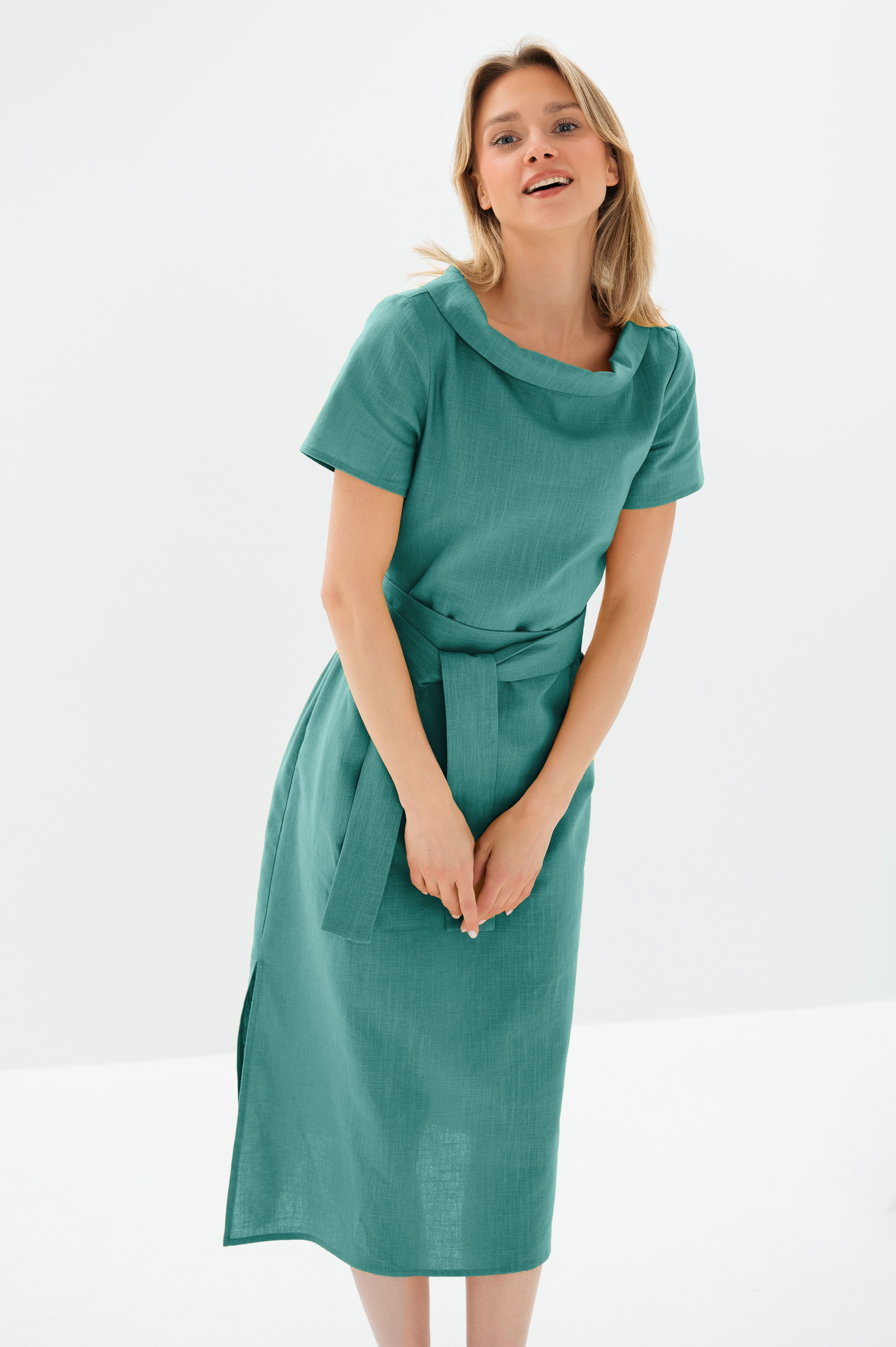 LONG STORY — Short-Sleeve Belted Linen Midi Dress — Teal#Color_Teal