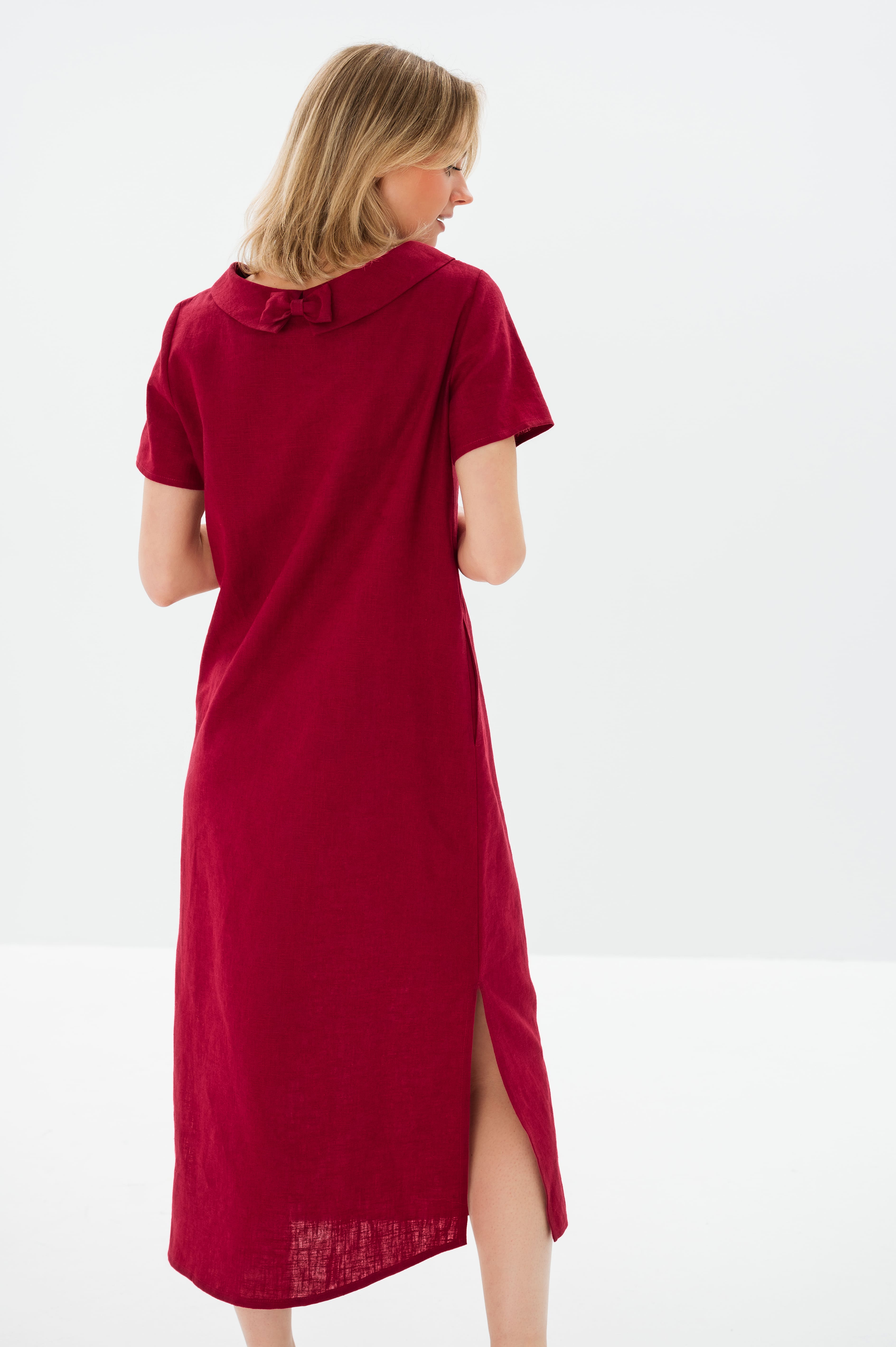 LONG STORY — Short-Sleeve Belted Linen Midi Dress — Cerise#Color_Cerise