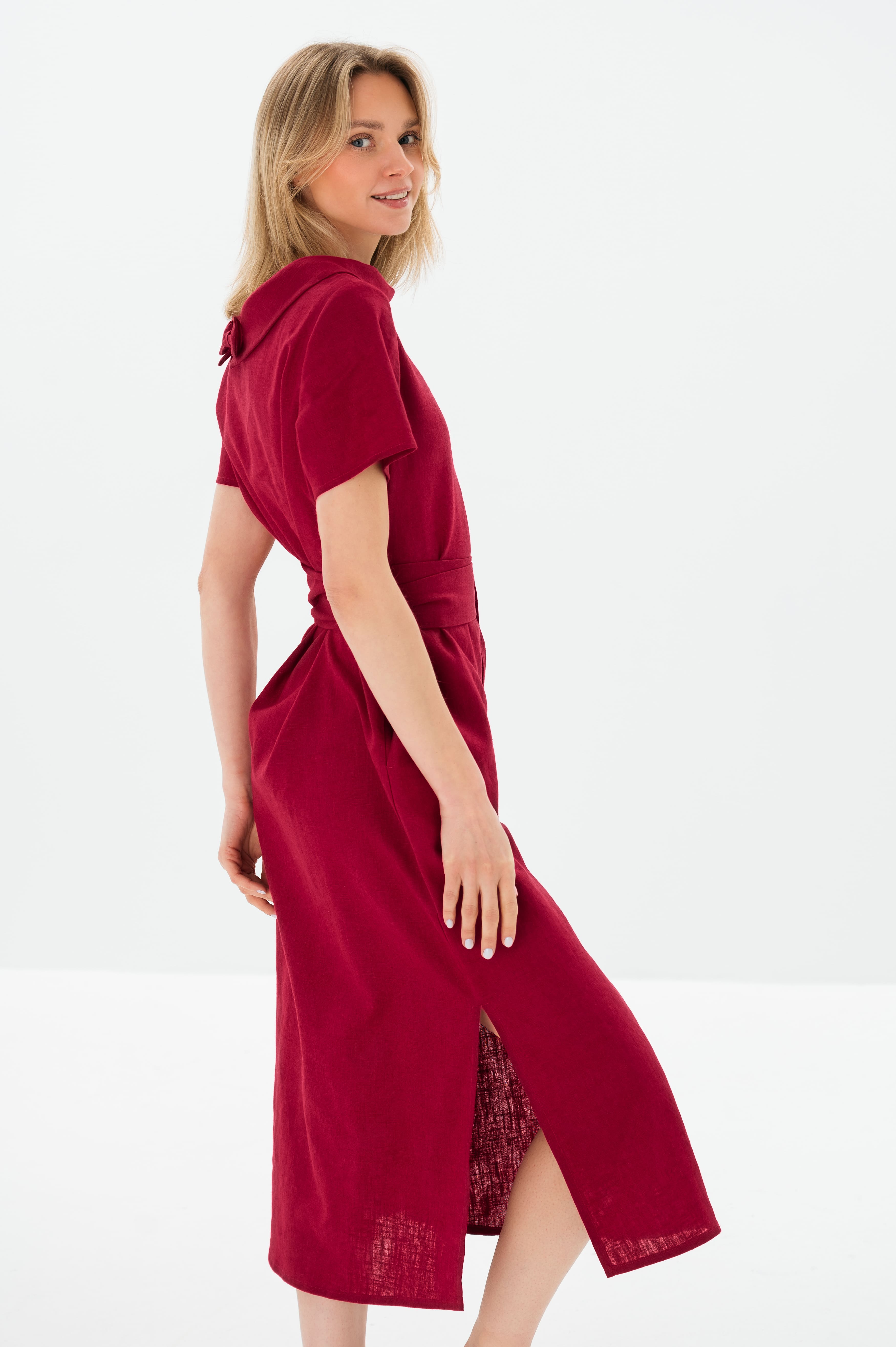 LONG STORY — Short-Sleeve Belted Linen Midi Dress — Cerise#Color_Cerise