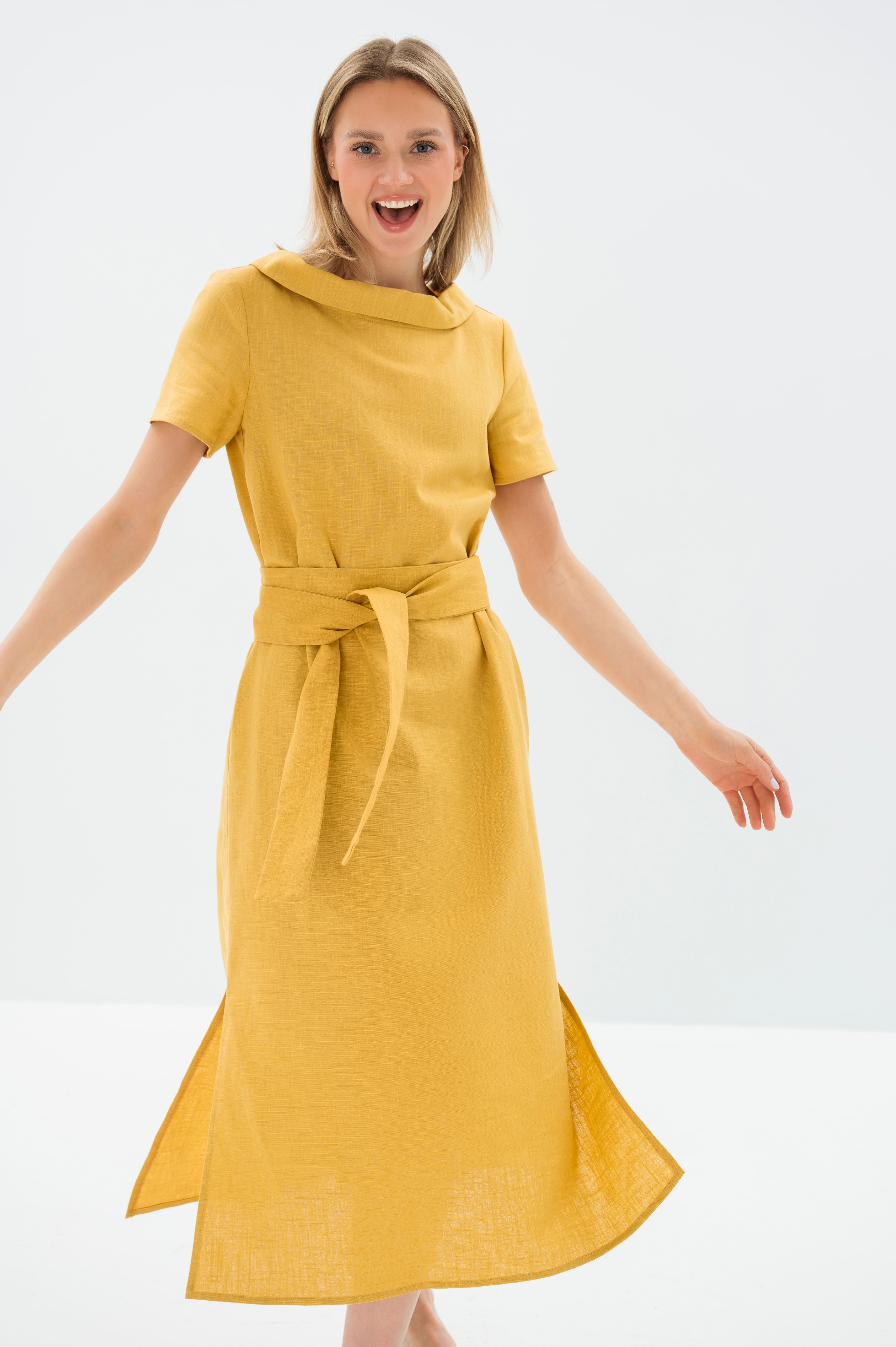 LONG STORY — Short-Sleeve Belted Linen Midi Dress — Yellow#Color_Yellow