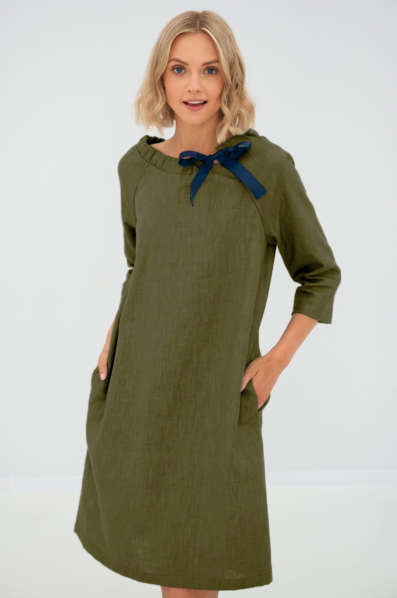 Linen dress FRENCH — Stonewashed Linen with an Adjustable Bow Olive Green#Color_Olive Green