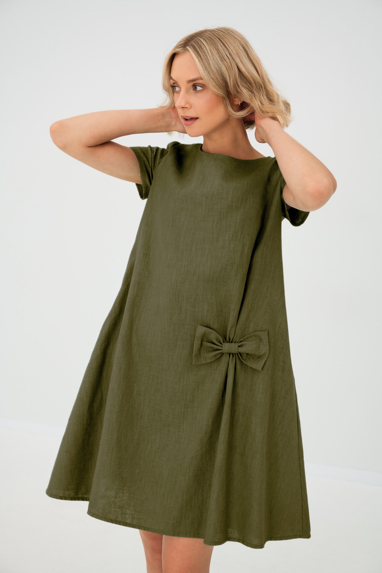 Linen dress SUMMER KISS — Stonewashed Linen with a Bow Olive Green#Color_Olive Green