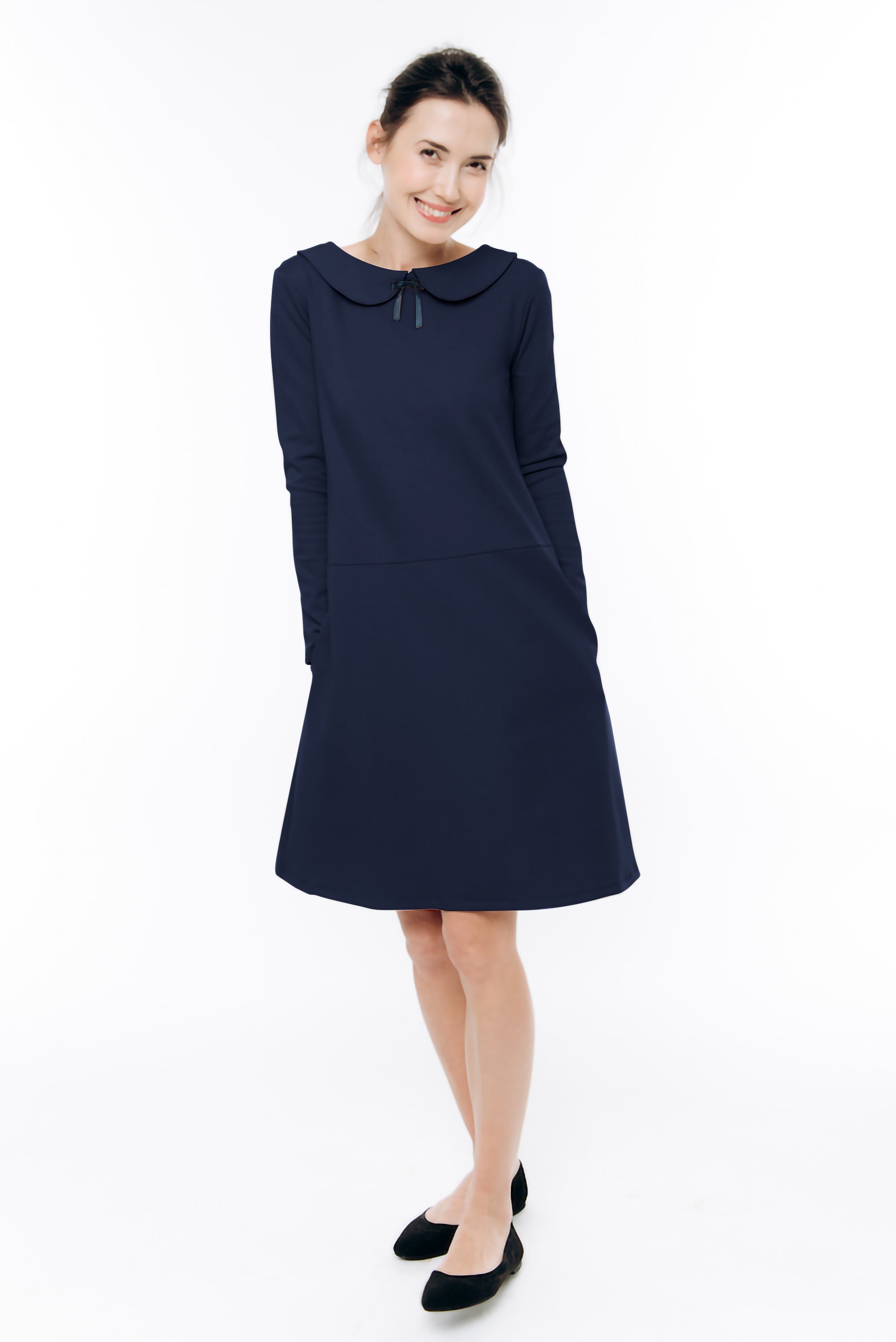 PARISIAN — Italian Punto Milano Knit Collar Dress — Deep blue#Color_Deep blue