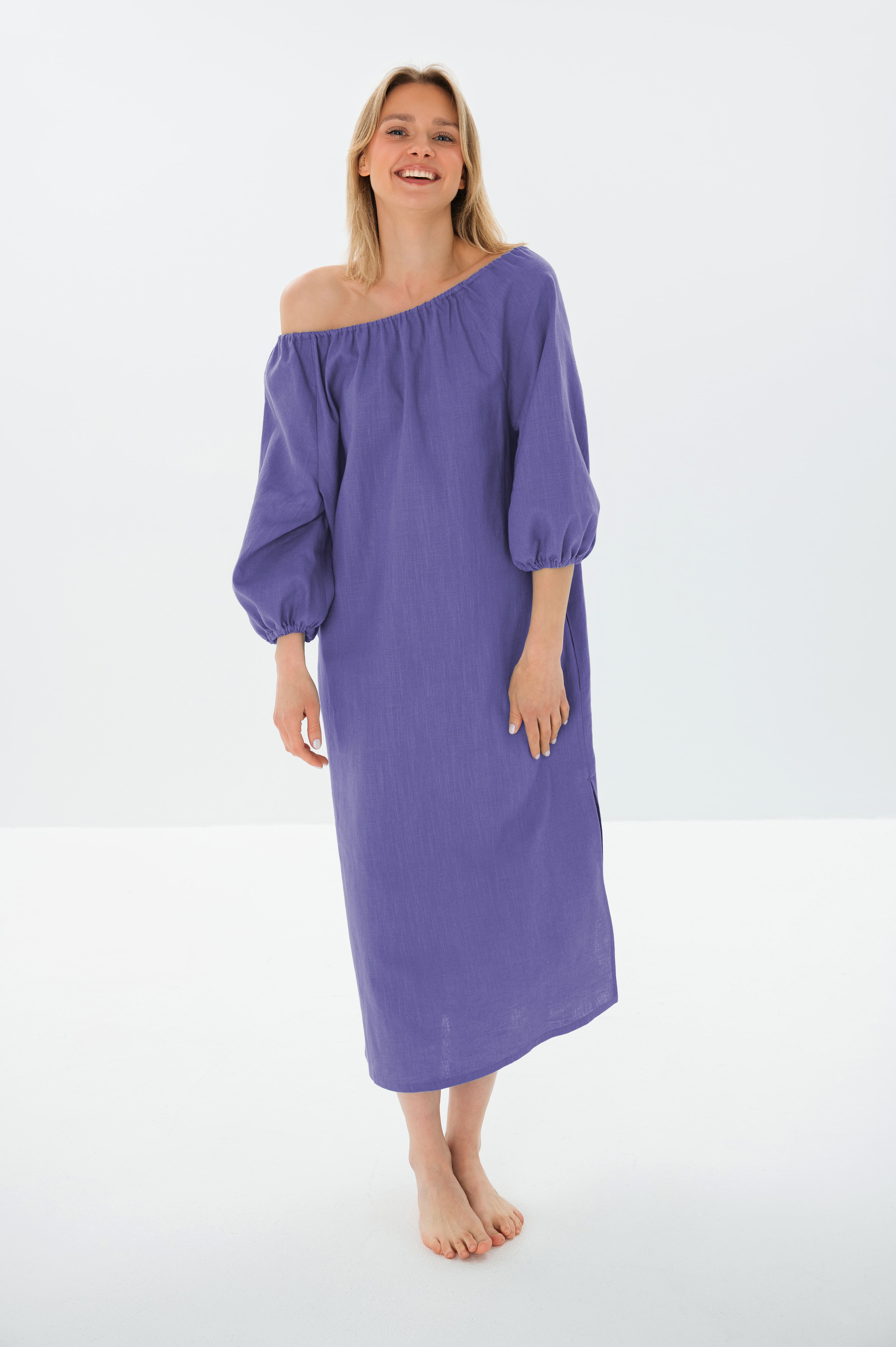 MOON — Off-Shoulder Stonewashed Linen Midi Dress