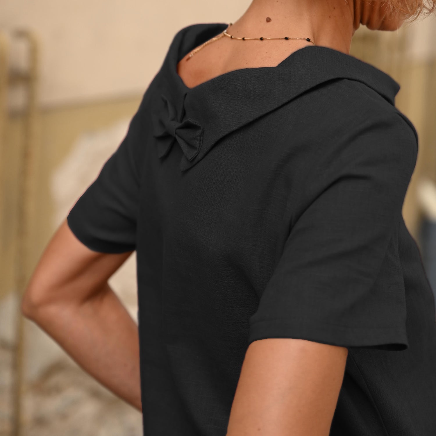 STORY — Soft Linen Short-Sleeve Dress
